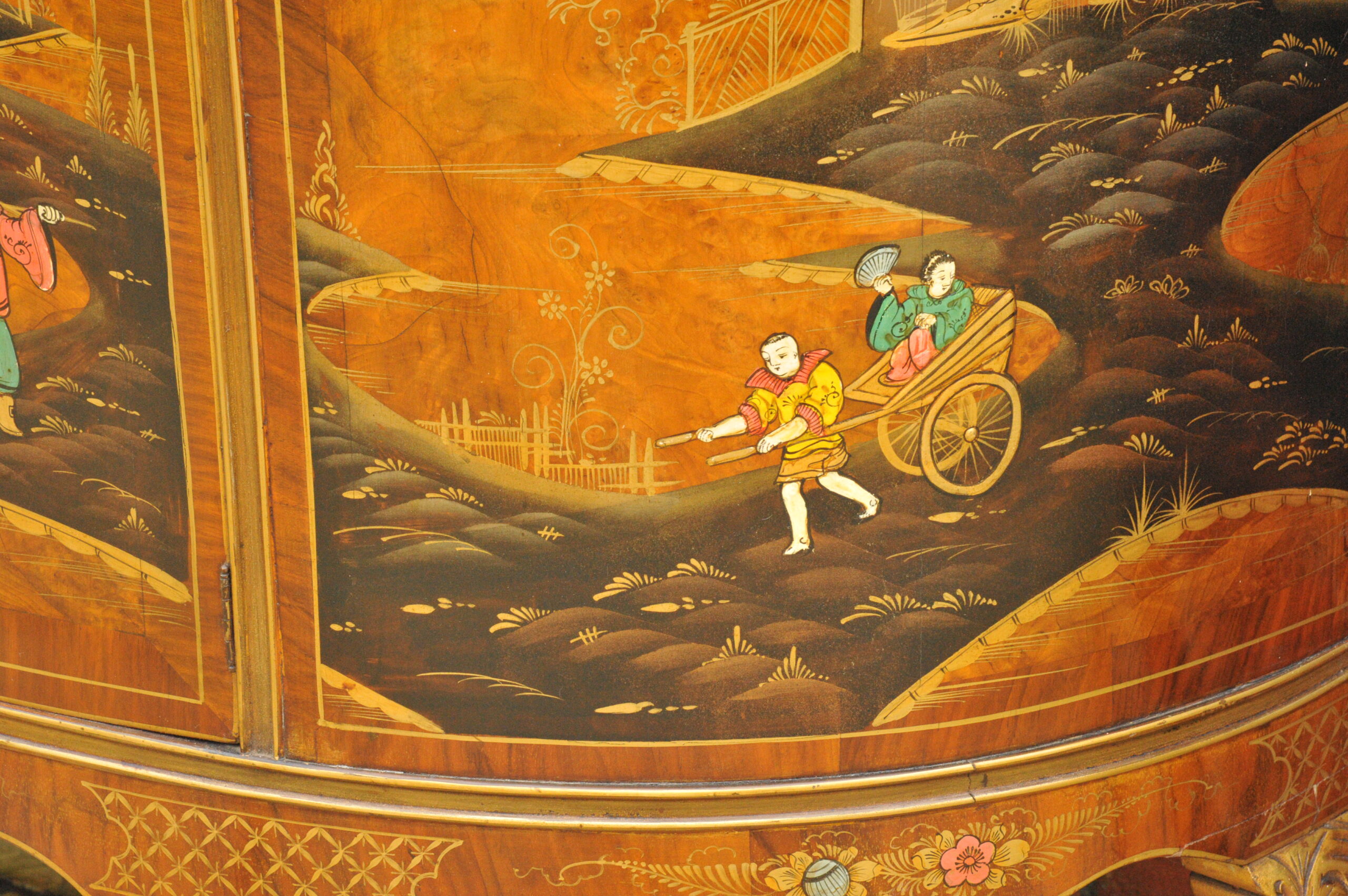 antique c.1910 chinoiserie demi lune cabinet hand painted gilt asian decor