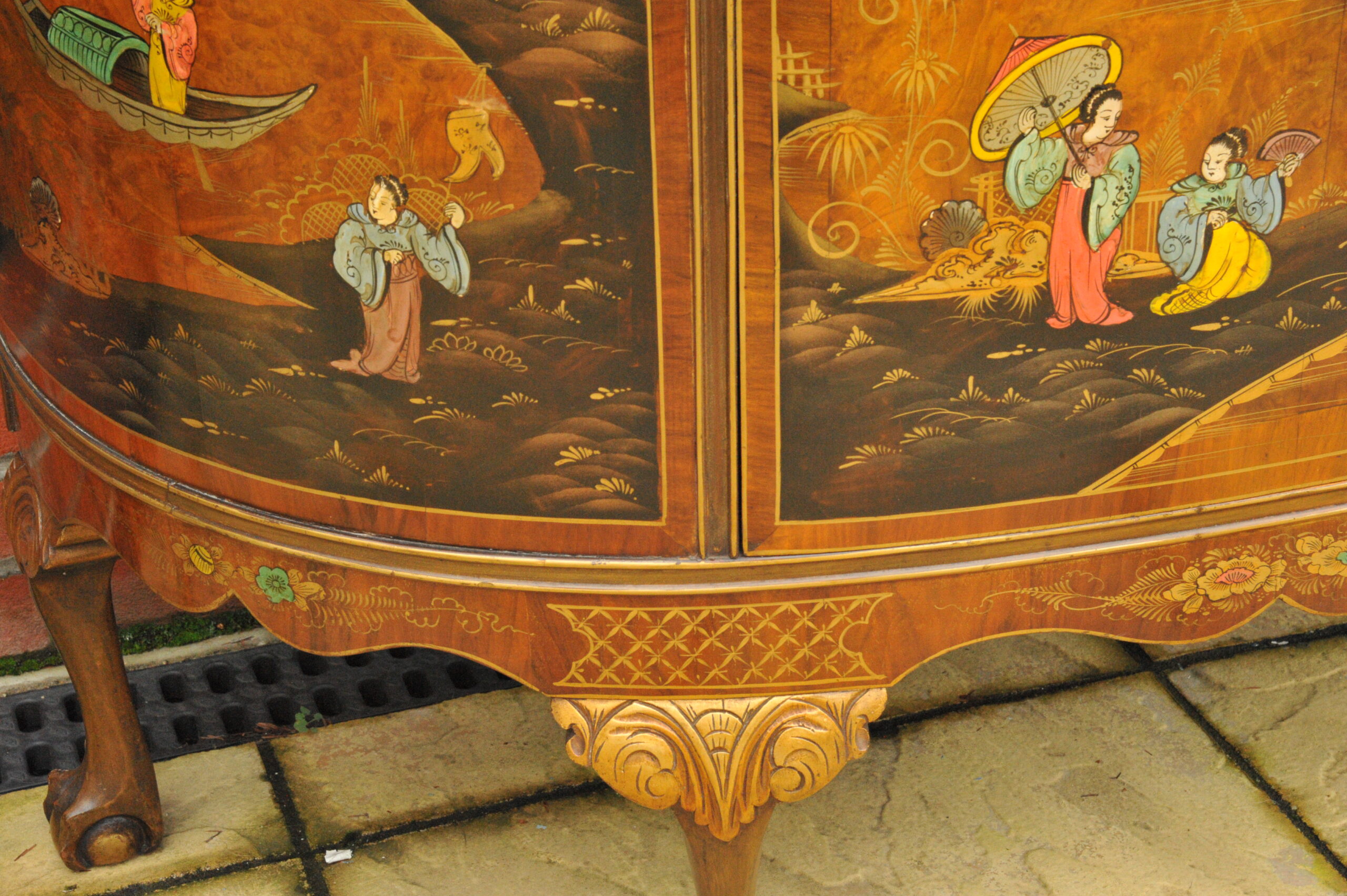 antique c.1910 chinoiserie demi lune cabinet hand painted gilt asian decor