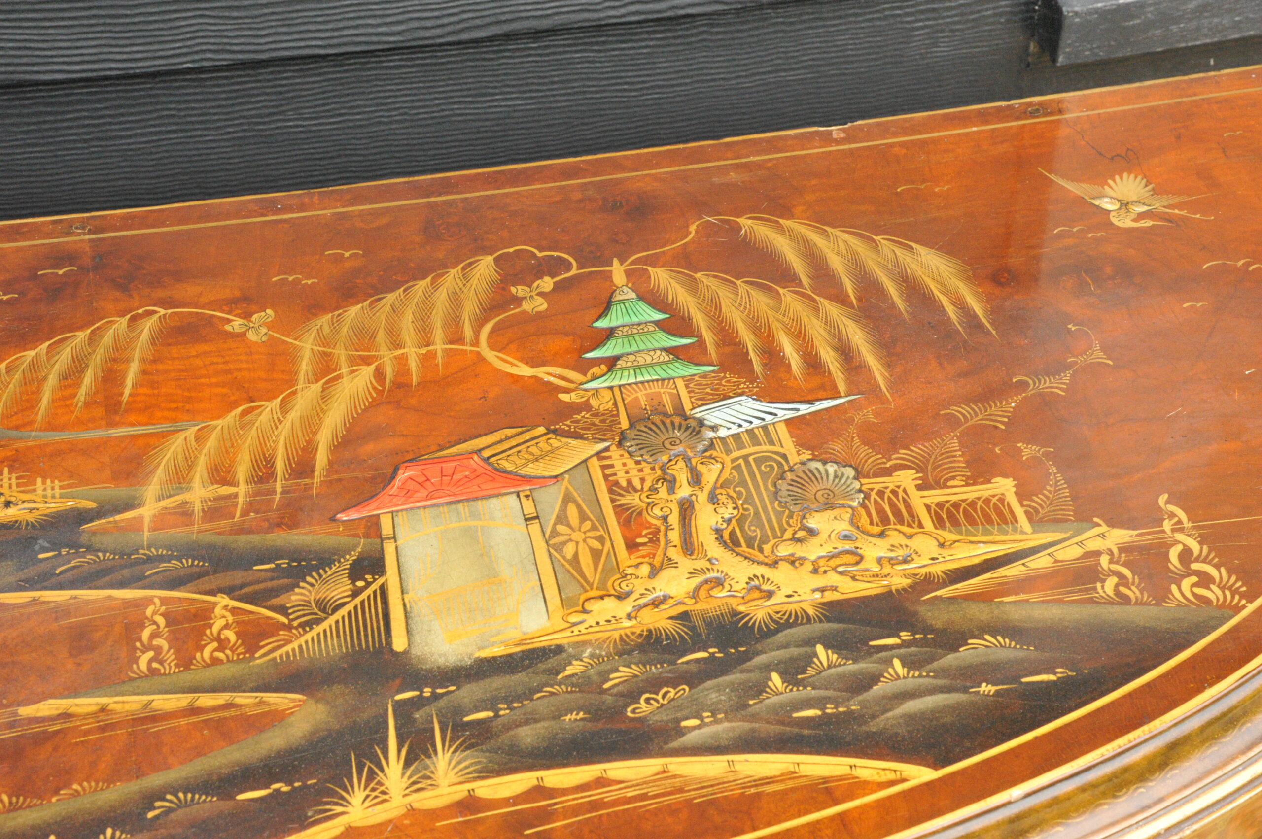 antique c.1910 chinoiserie demi lune cabinet hand painted gilt asian decor