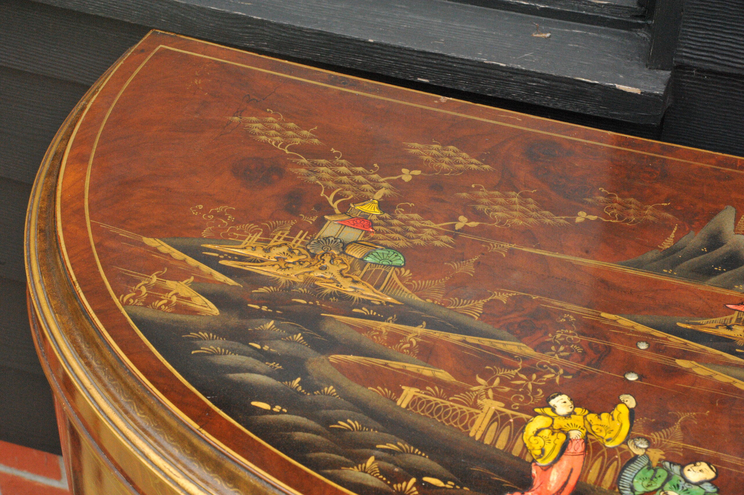 antique c.1910 chinoiserie demi lune cabinet hand painted gilt asian decor