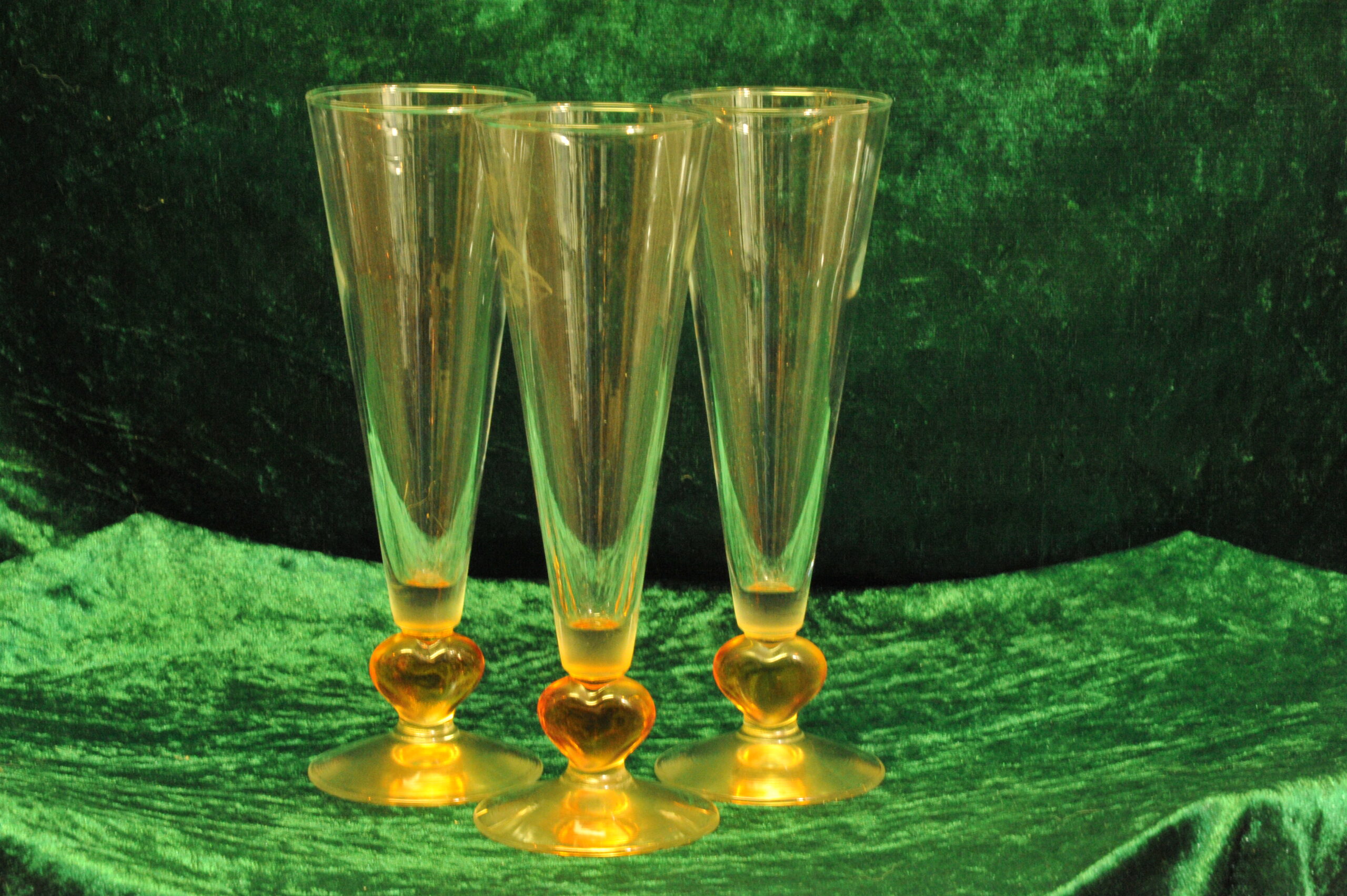 three vintage valentine orange heart stem drinking glasses
