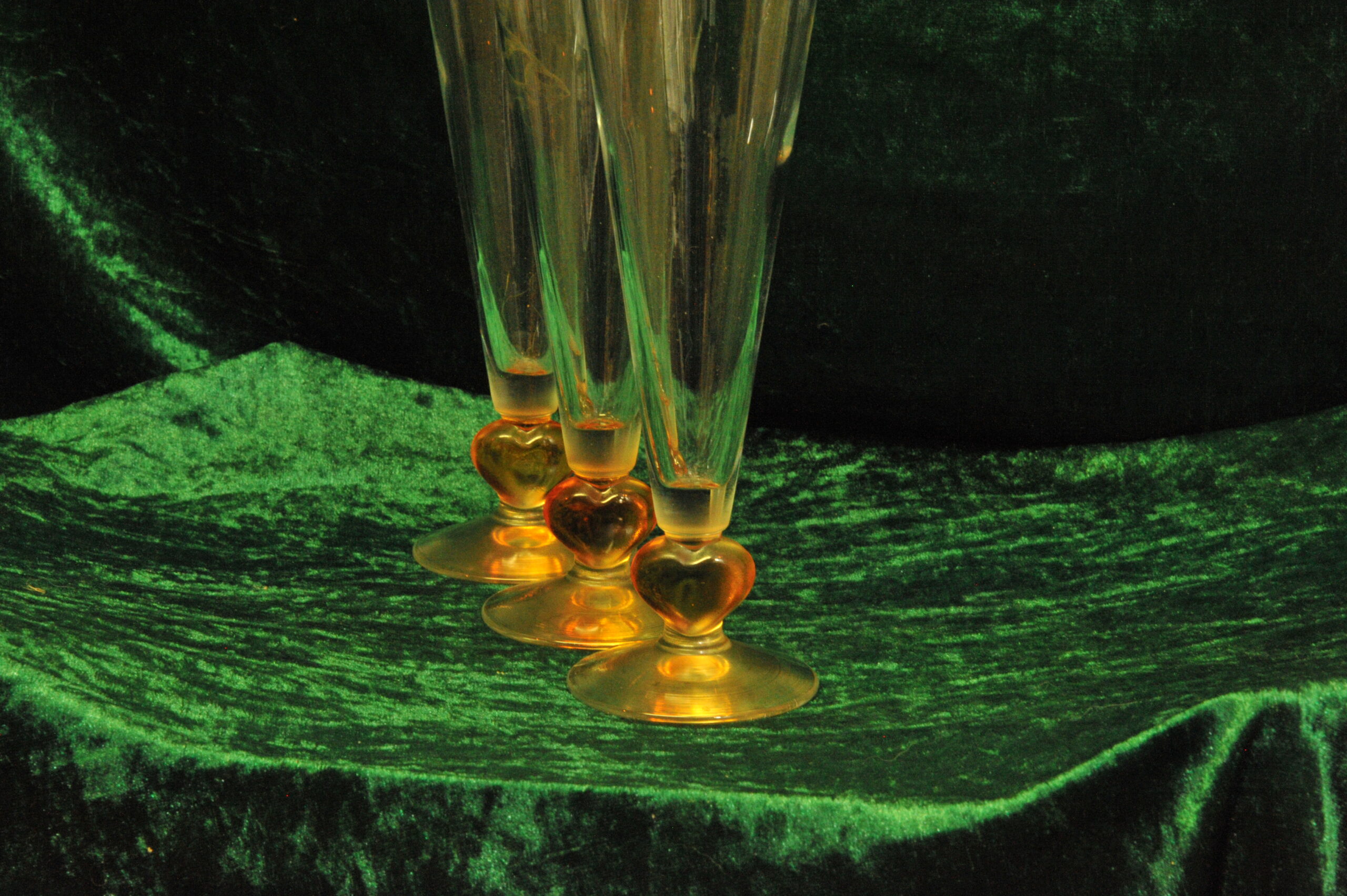 three vintage valentine orange heart stem drinking glasses
