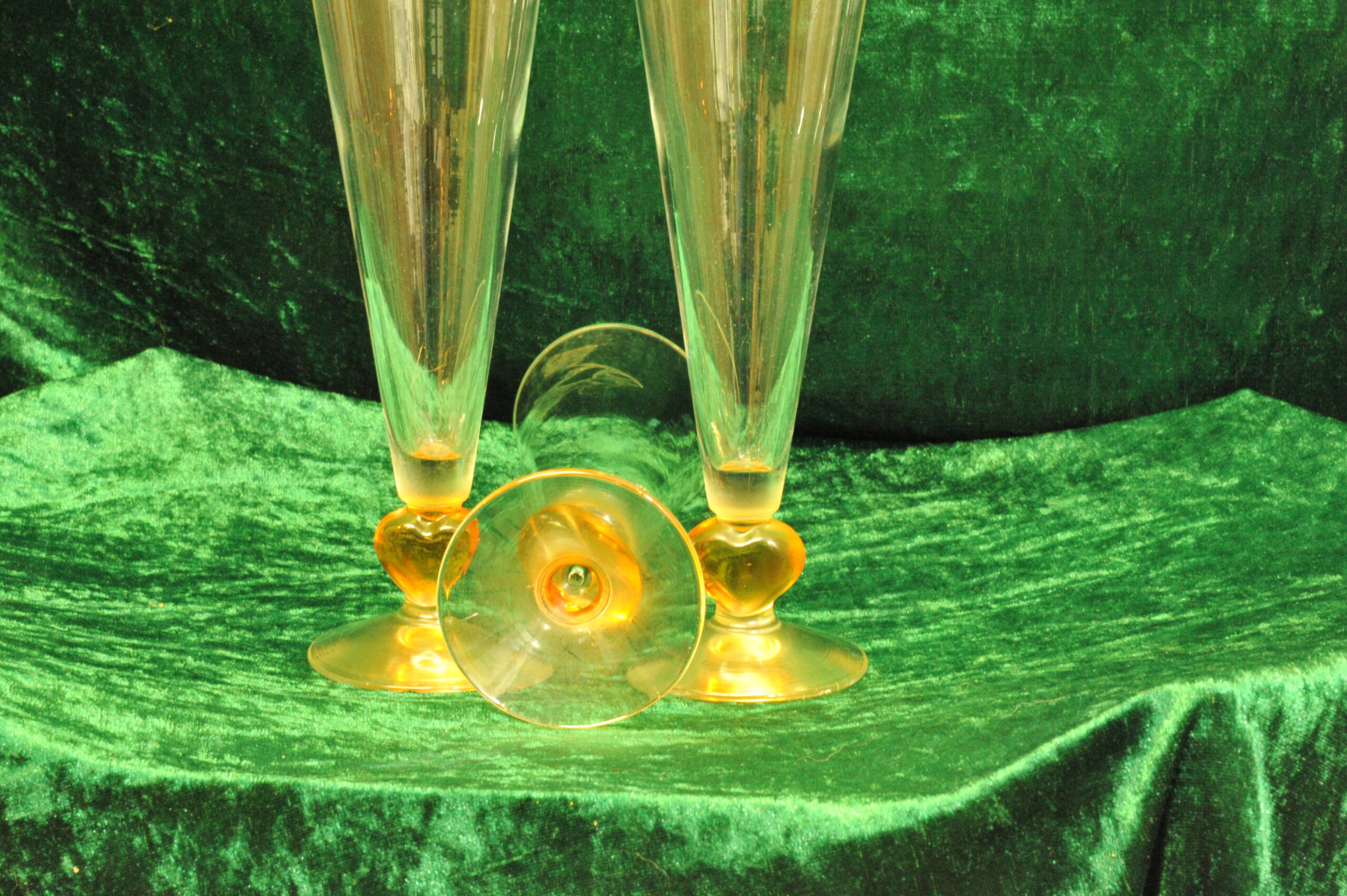 three vintage valentine orange heart stem drinking glasses