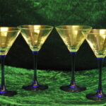 four vintage french champagne coupe glasses blue stemmed