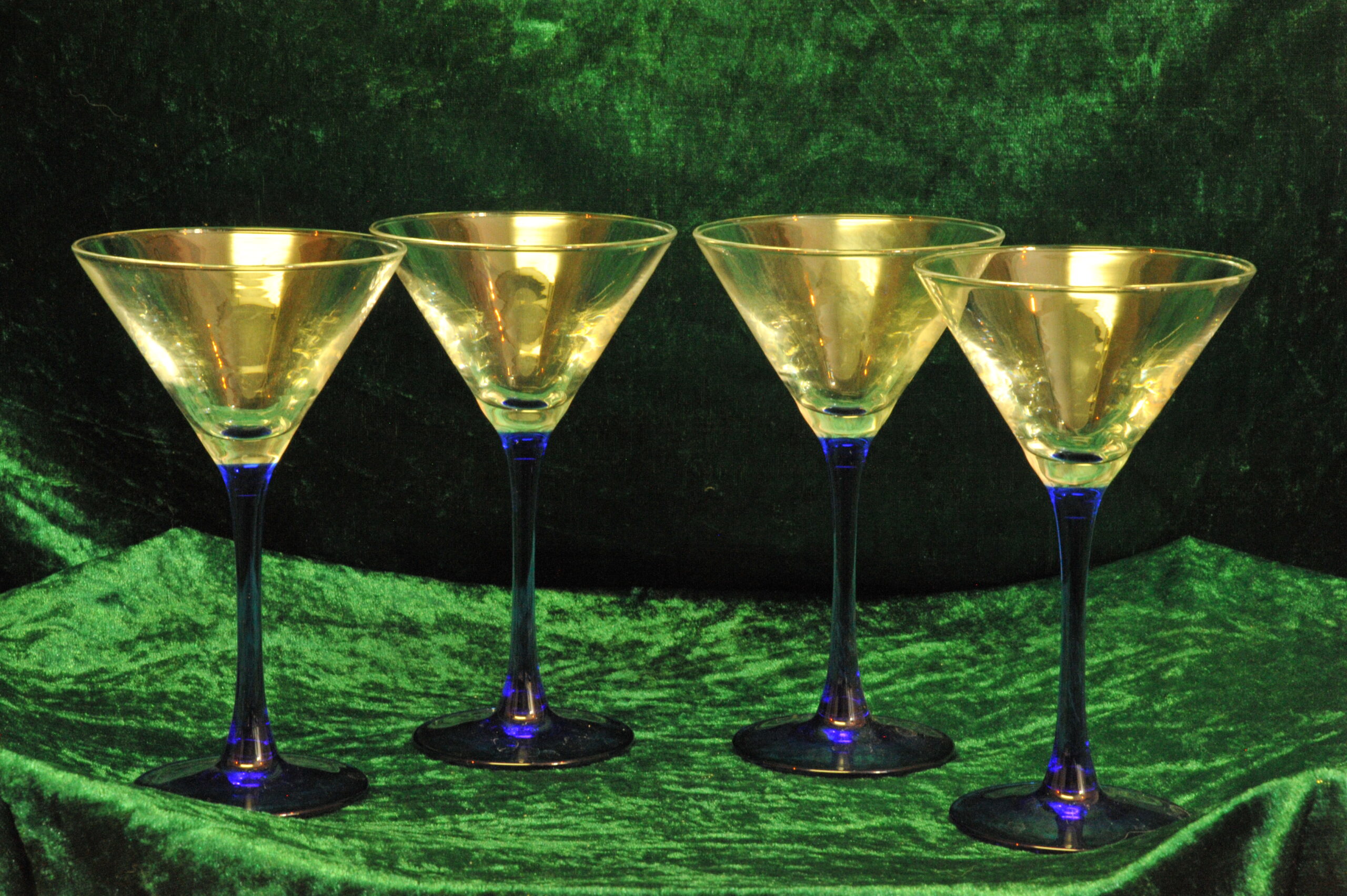 four vintage french champagne coupe glasses blue stemmed