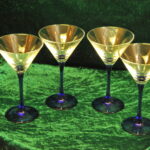 four vintage french champagne coupe glasses blue stemmed