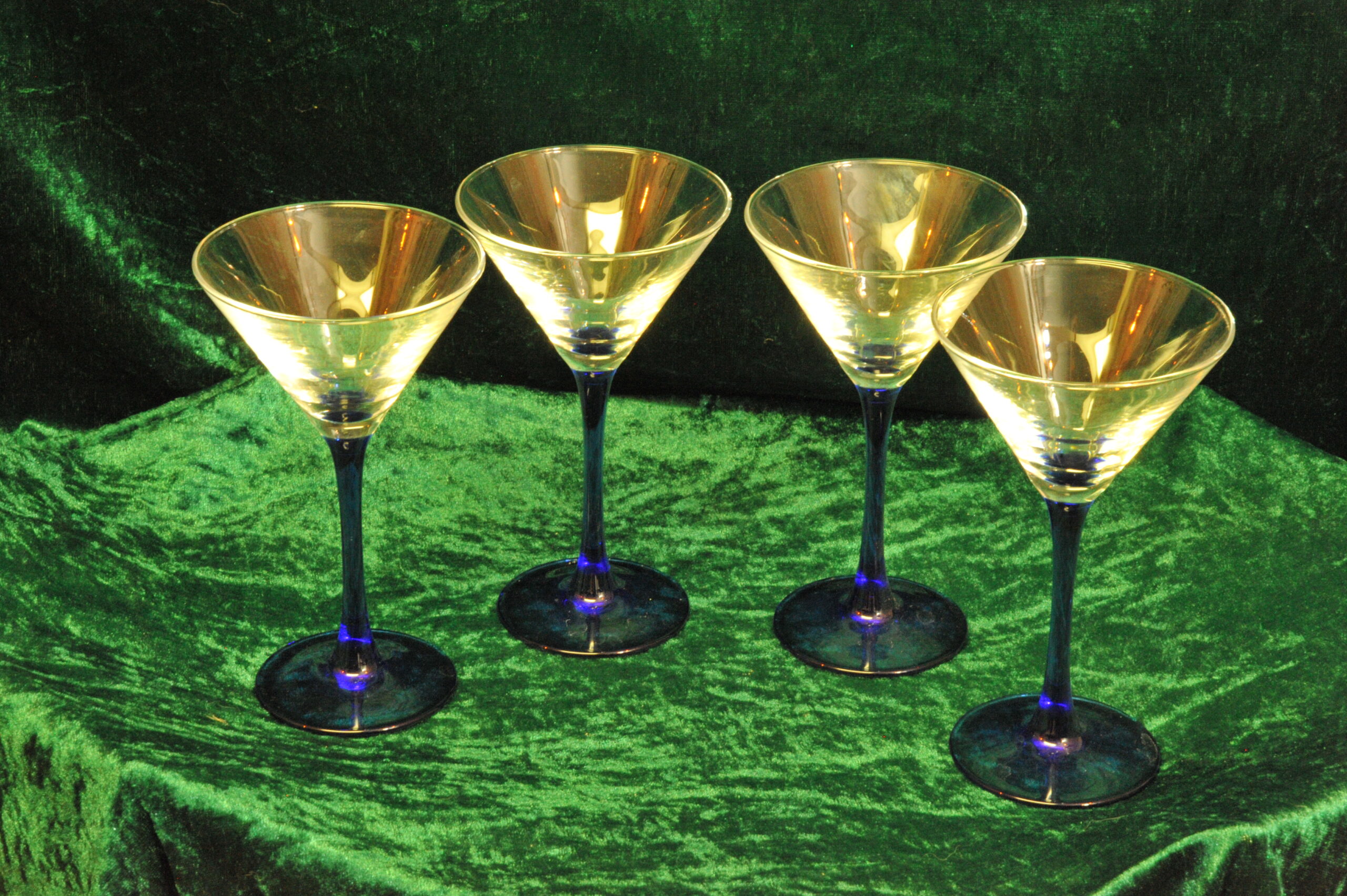 four vintage french champagne coupe glasses blue stemmed
