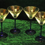 four vintage french champagne coupe glasses blue stemmed