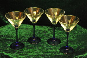 four vintage french champagne coupe glasses blue stemmed