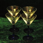 four vintage french champagne coupe glasses blue stemmed