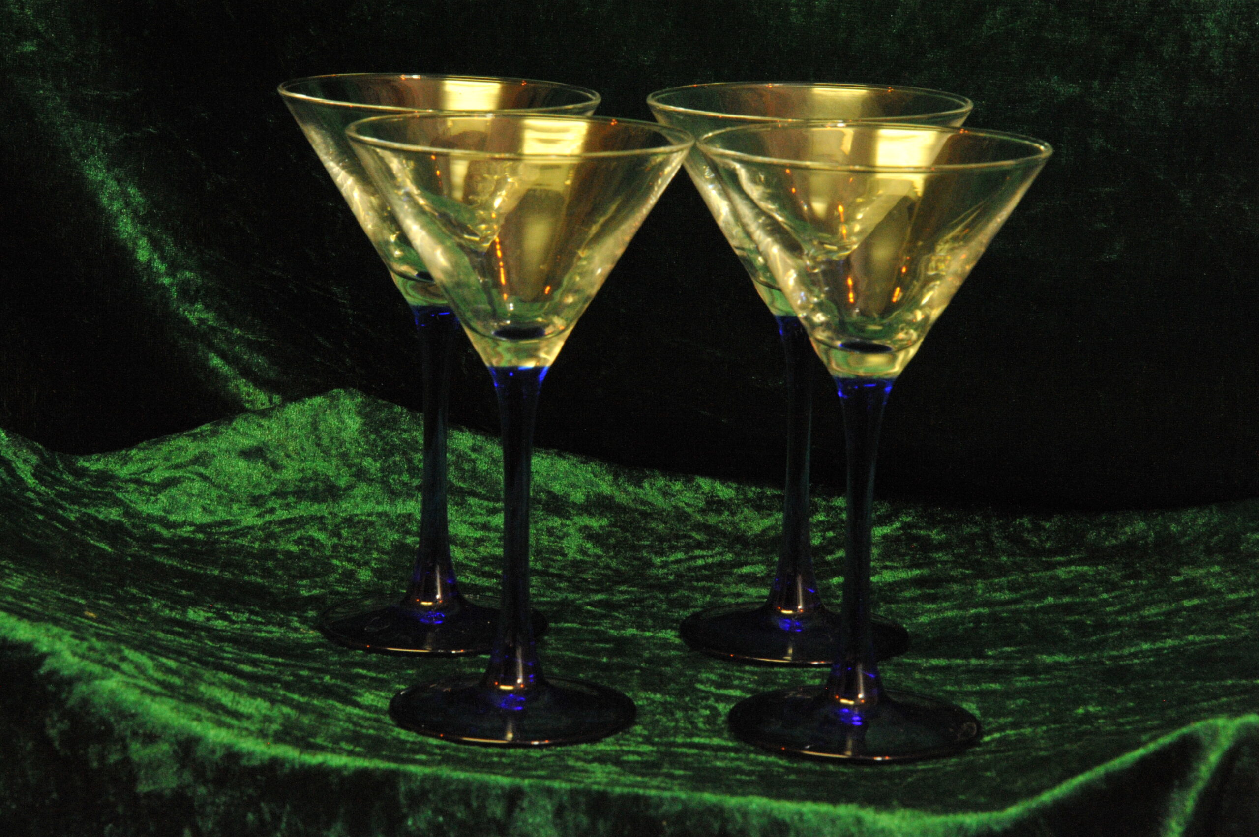 four vintage french champagne coupe glasses blue stemmed