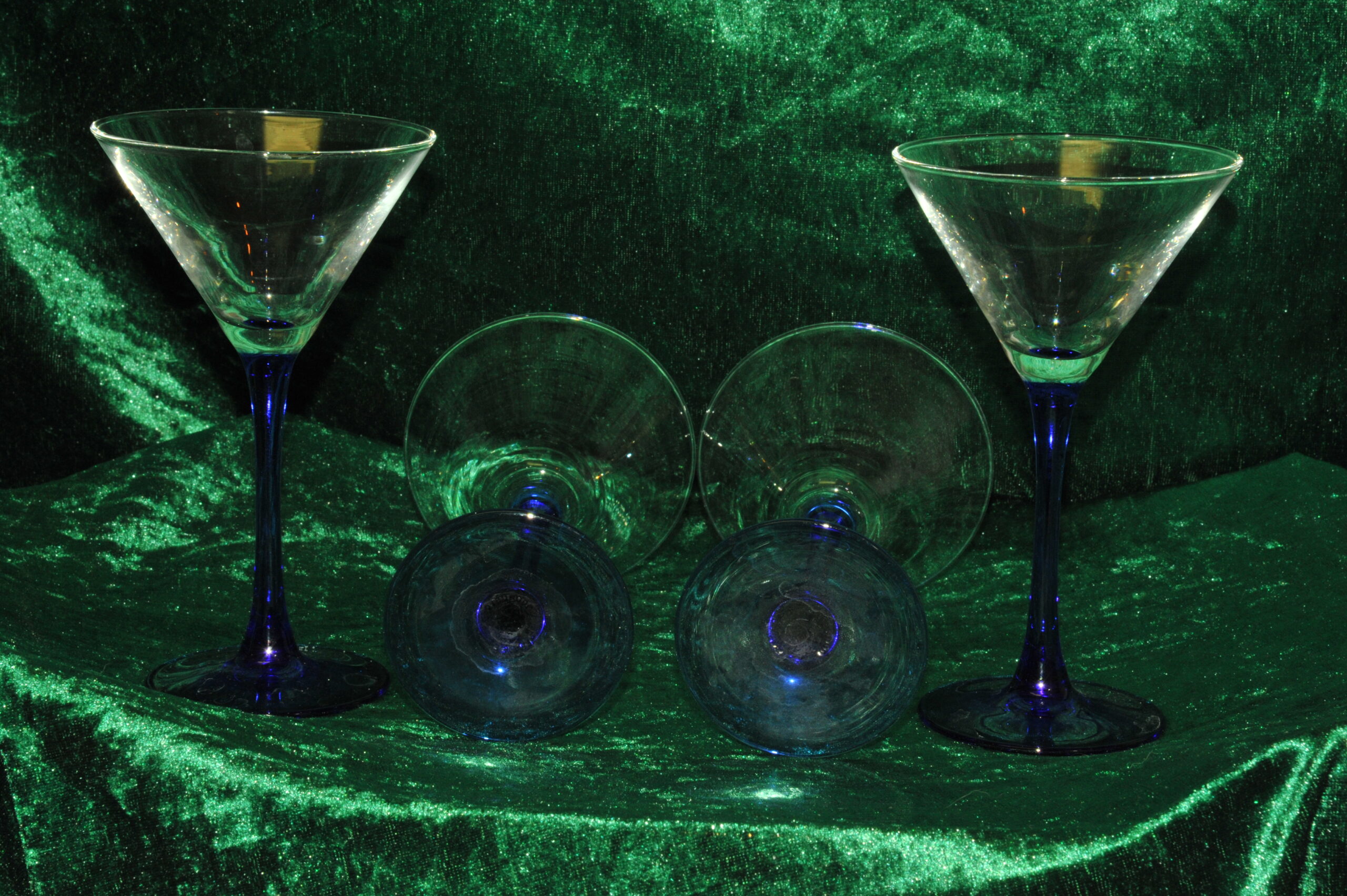 four vintage french champagne coupe glasses blue stemmed