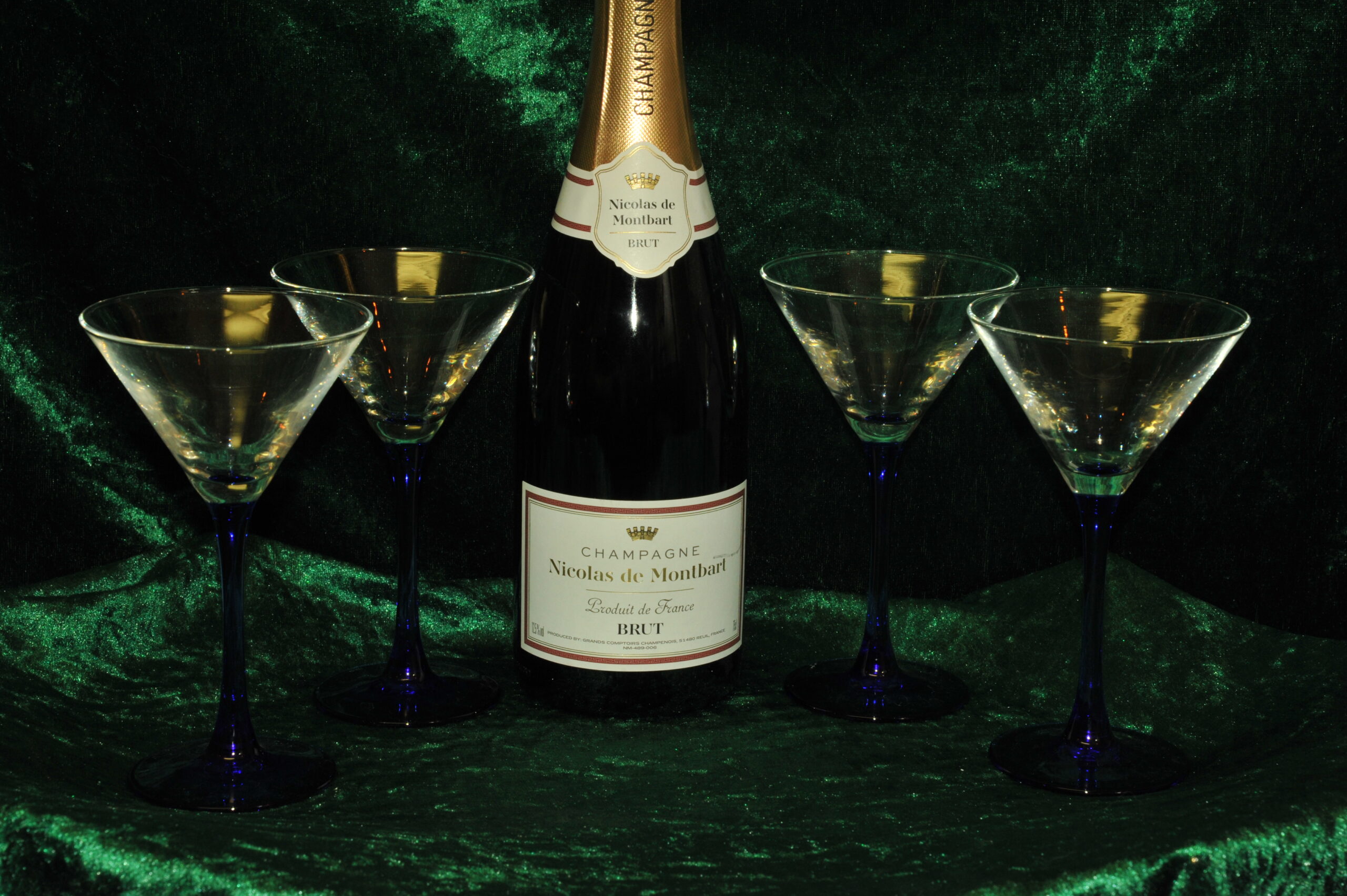 four vintage french champagne coupe glasses blue stemmed