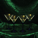 four vintage french champagne coupe glasses blue stemmed