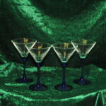 four vintage french champagne coupe glasses blue stemmed