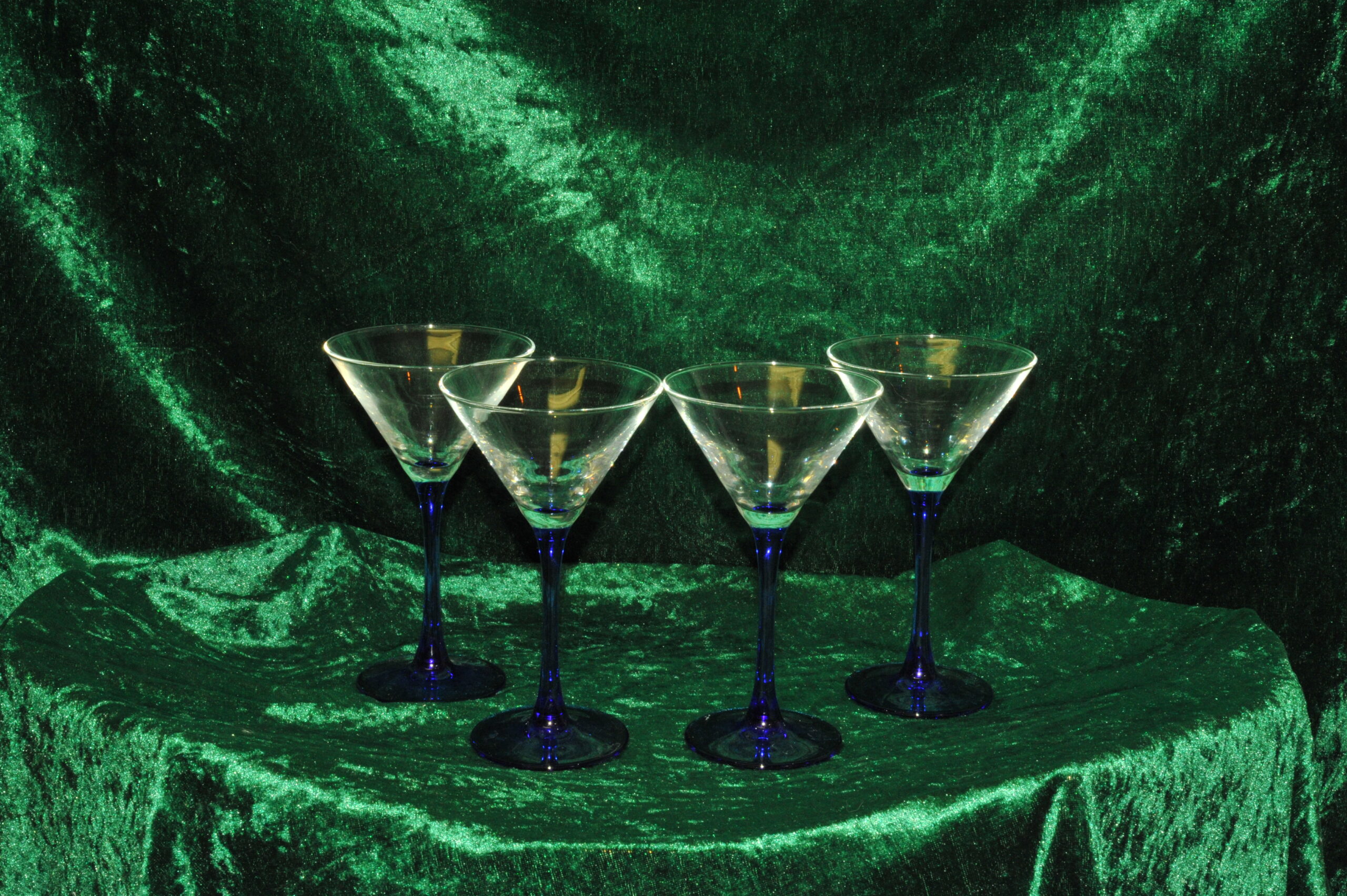 four vintage french champagne coupe glasses blue stemmed
