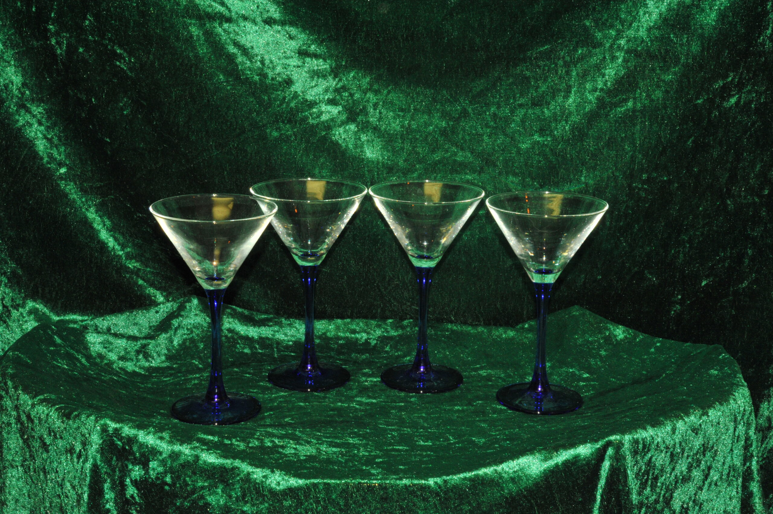 four vintage french champagne coupe glasses blue stemmed