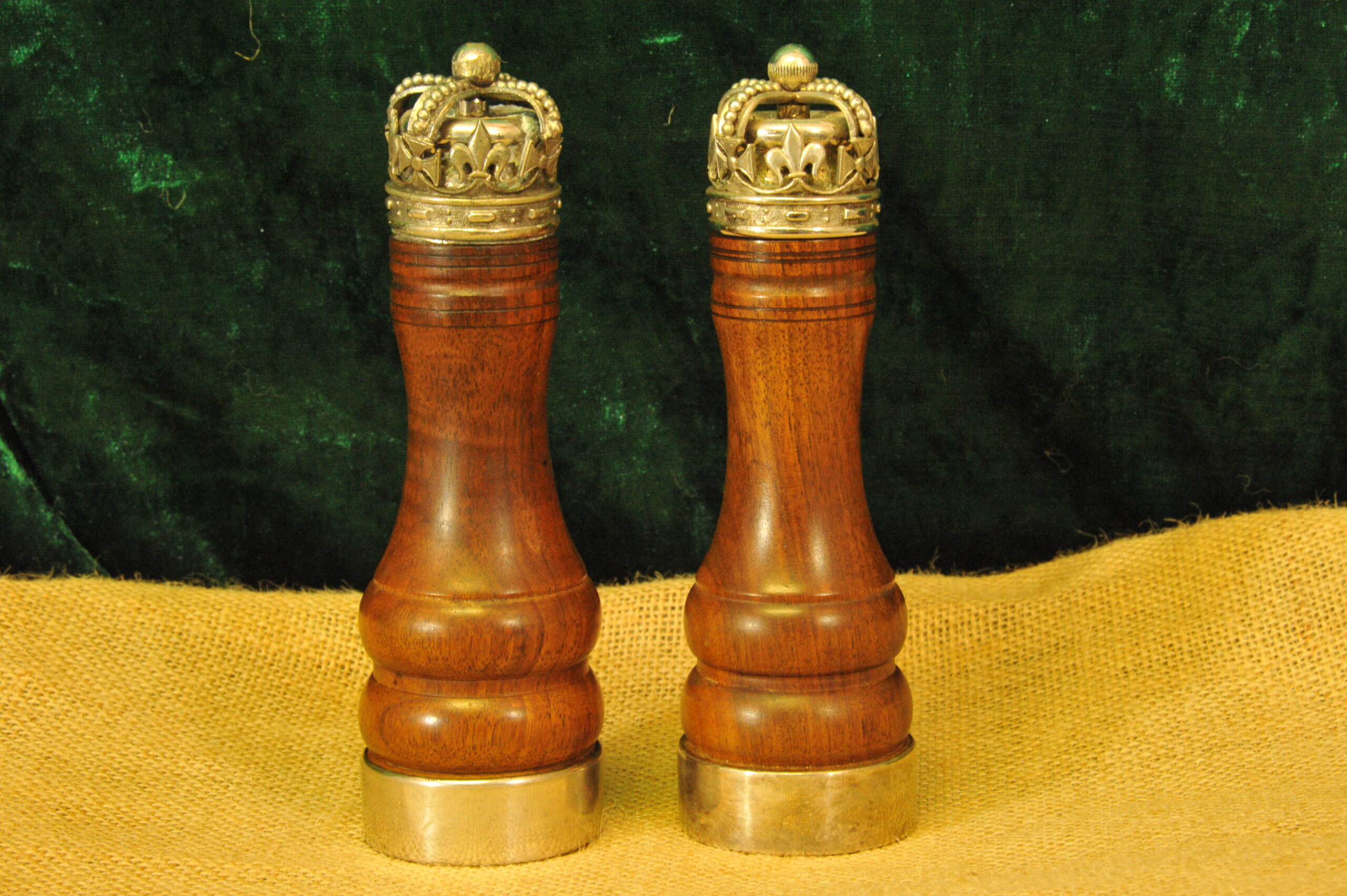 rare asprey london silver & walnut salt pepper mills – queen’s coronation