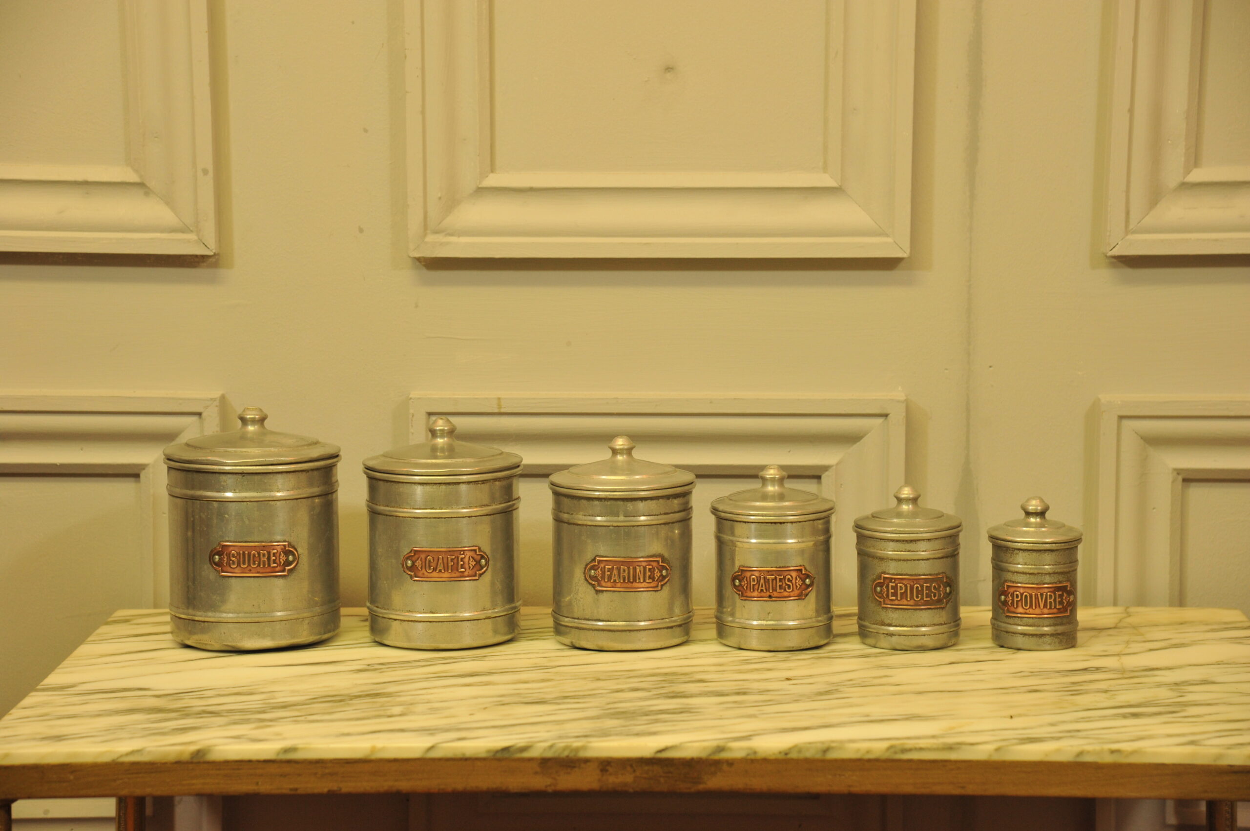 set of six vintage french kitchen storage containers