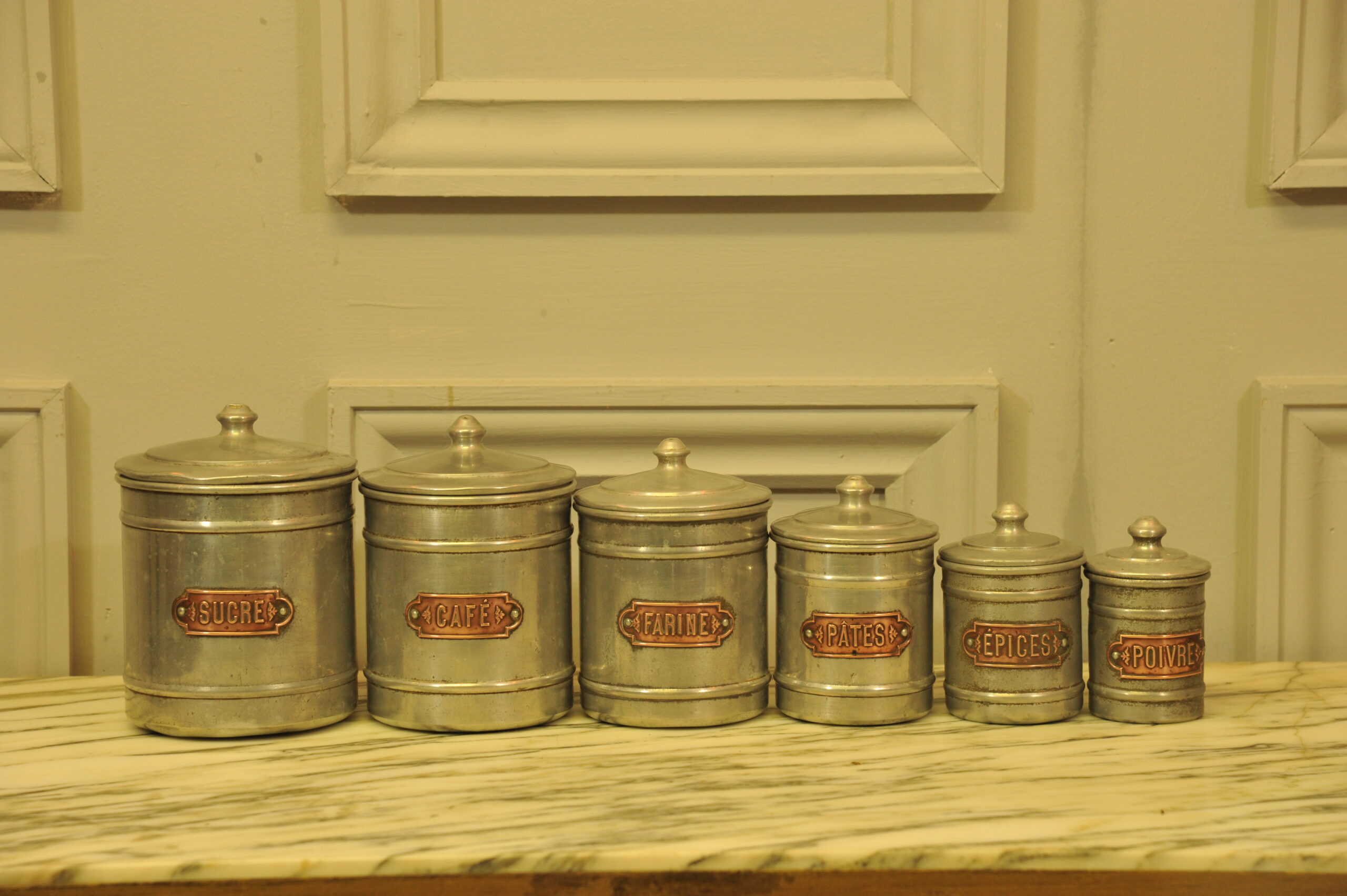 set of six vintage french kitchen storage containers