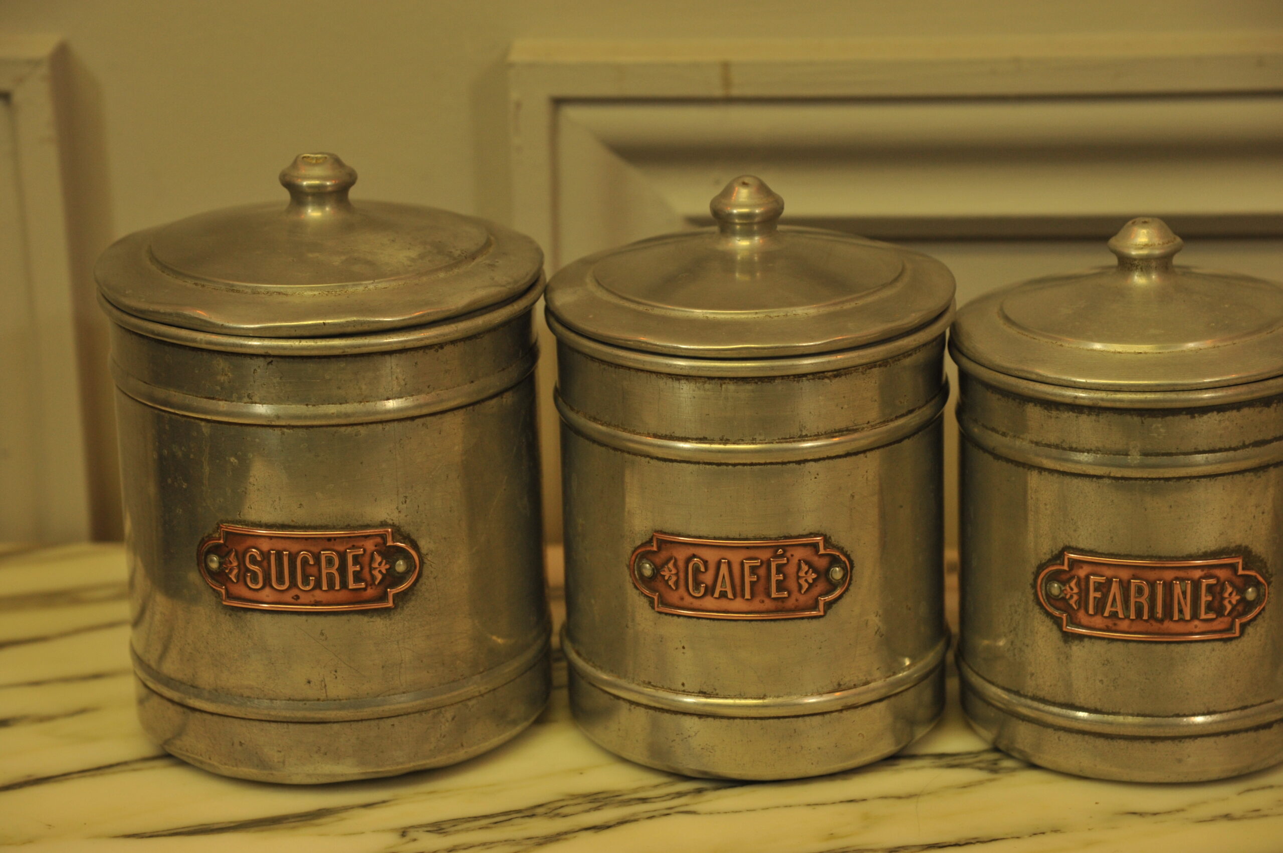 set of six vintage french kitchen storage containers