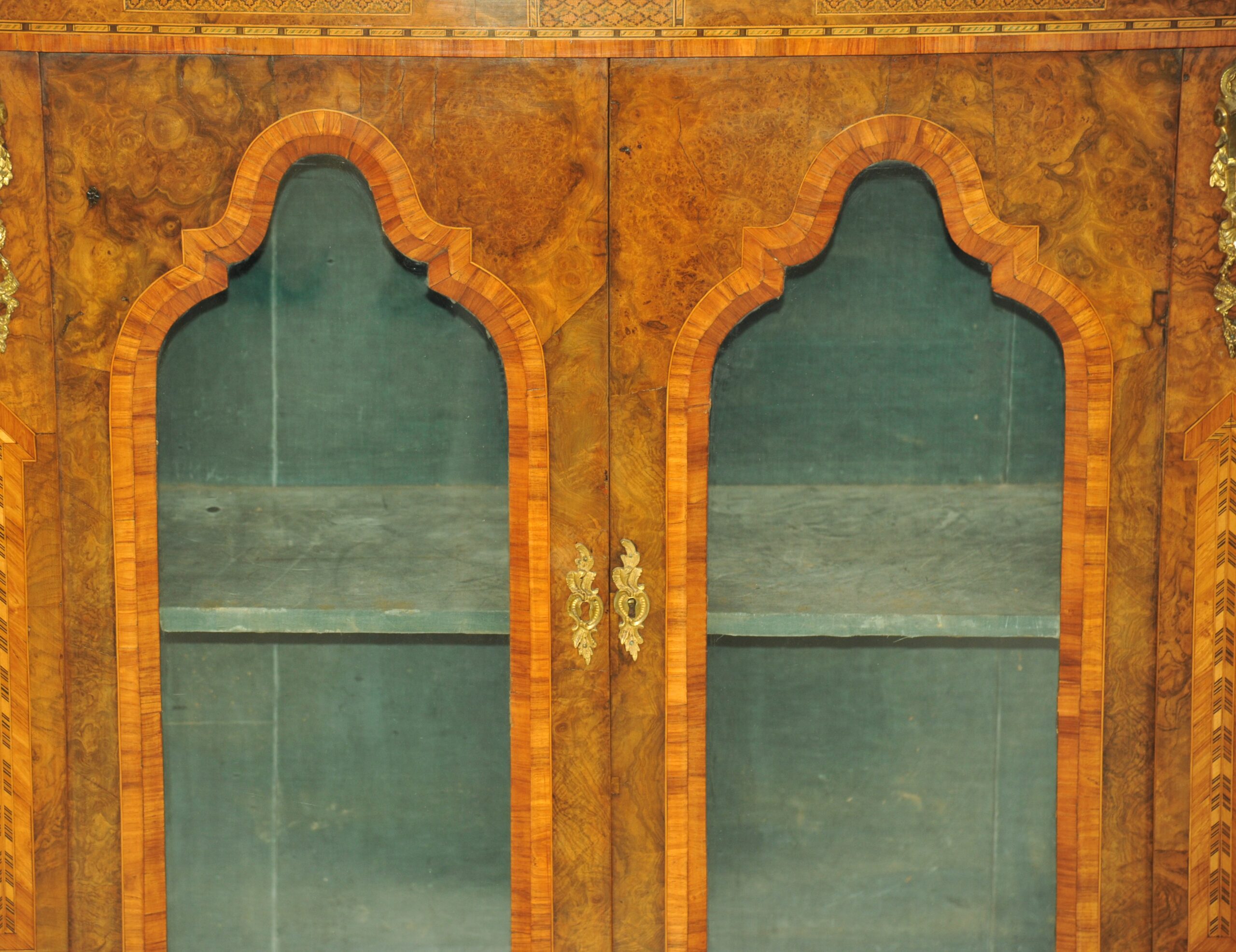 an english antique walnut and tunbridgeware inlaid glazed four door breakfront cabinet