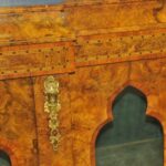 an english antique walnut and tunbridgeware inlaid glazed four door breakfront cabinet