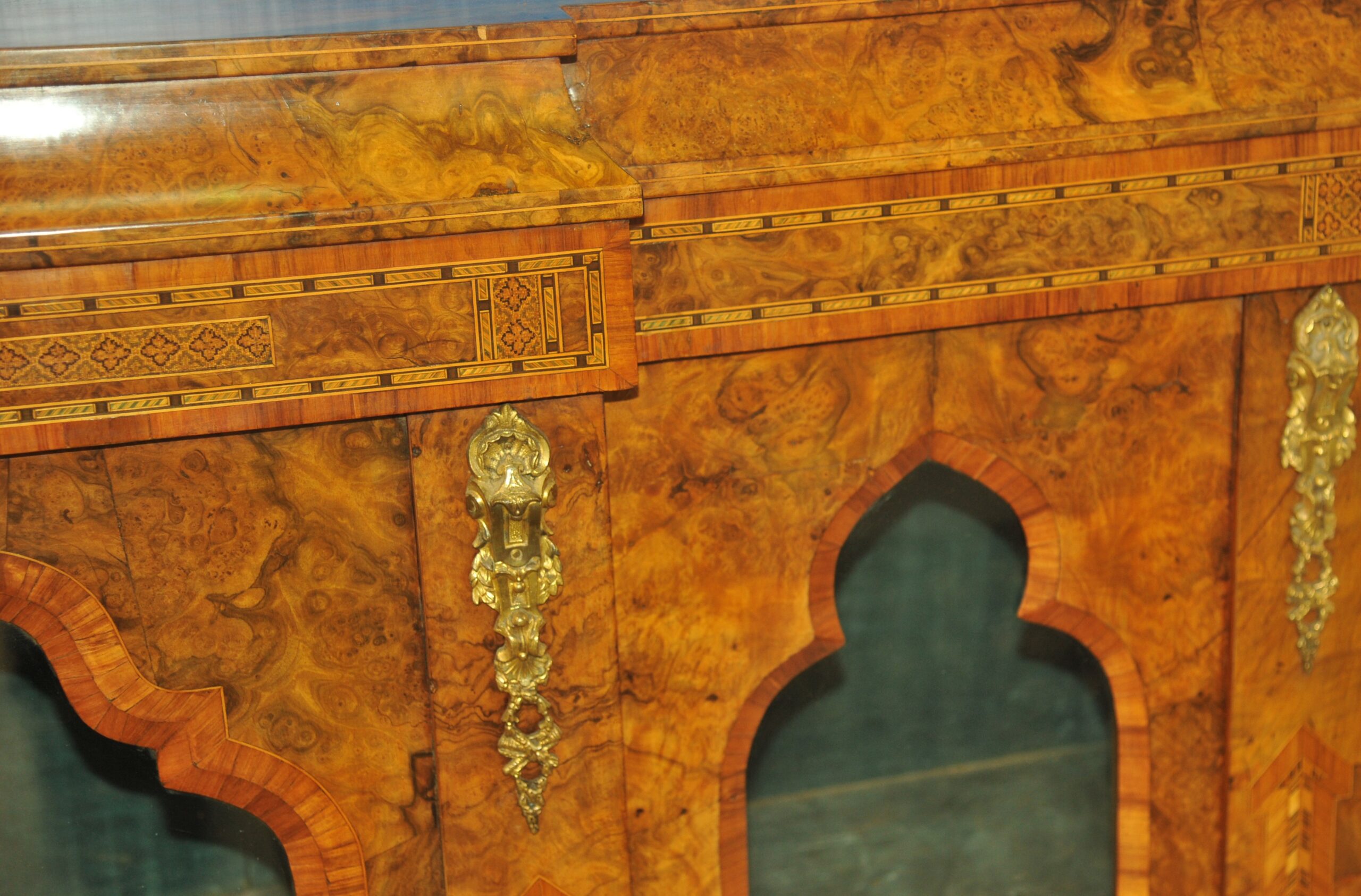 an english antique walnut and tunbridgeware inlaid glazed four door breakfront cabinet