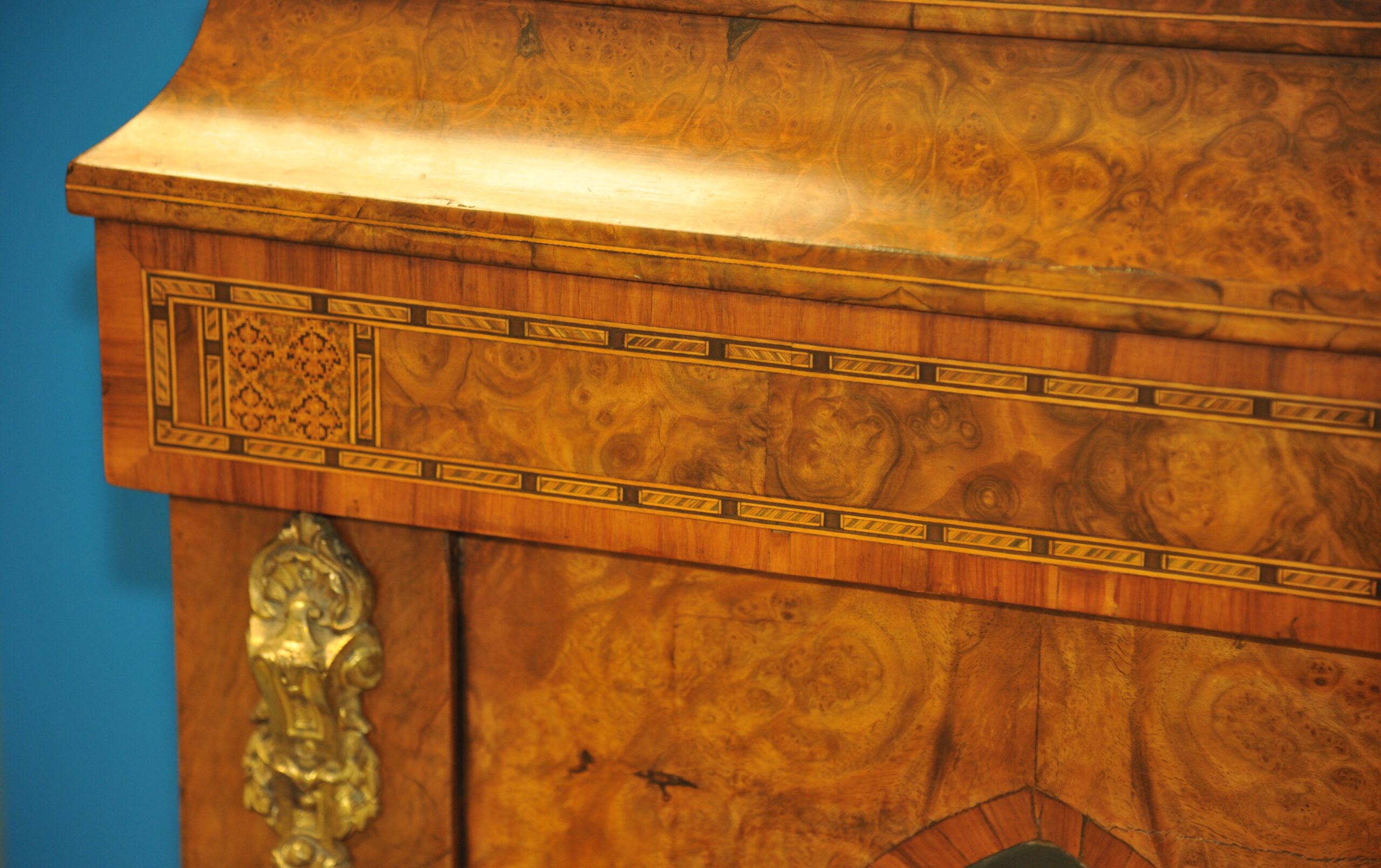 an english antique walnut and tunbridgeware inlaid glazed four door breakfront cabinet