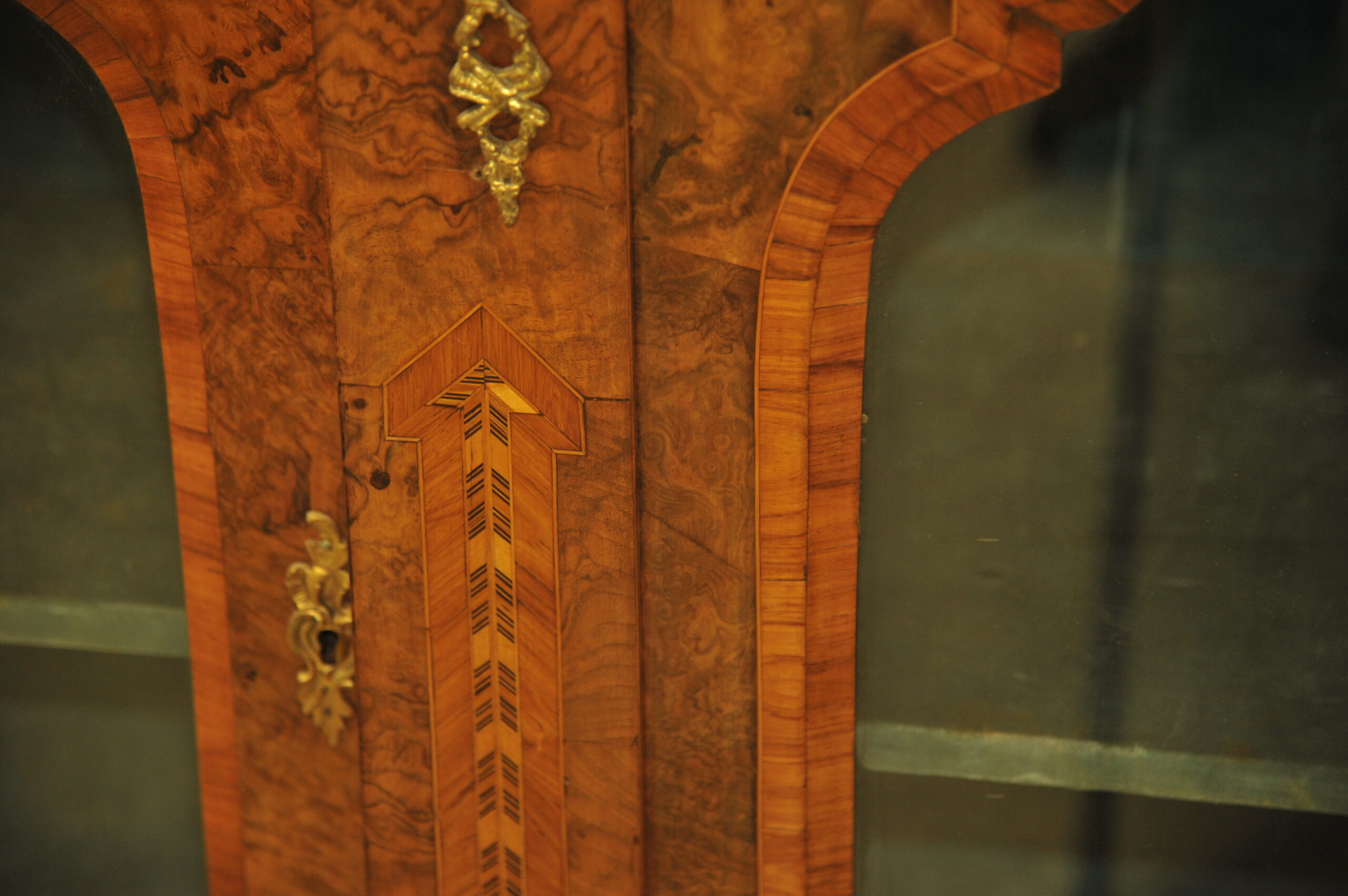 an english antique walnut and tunbridgeware inlaid glazed four door breakfront cabinet