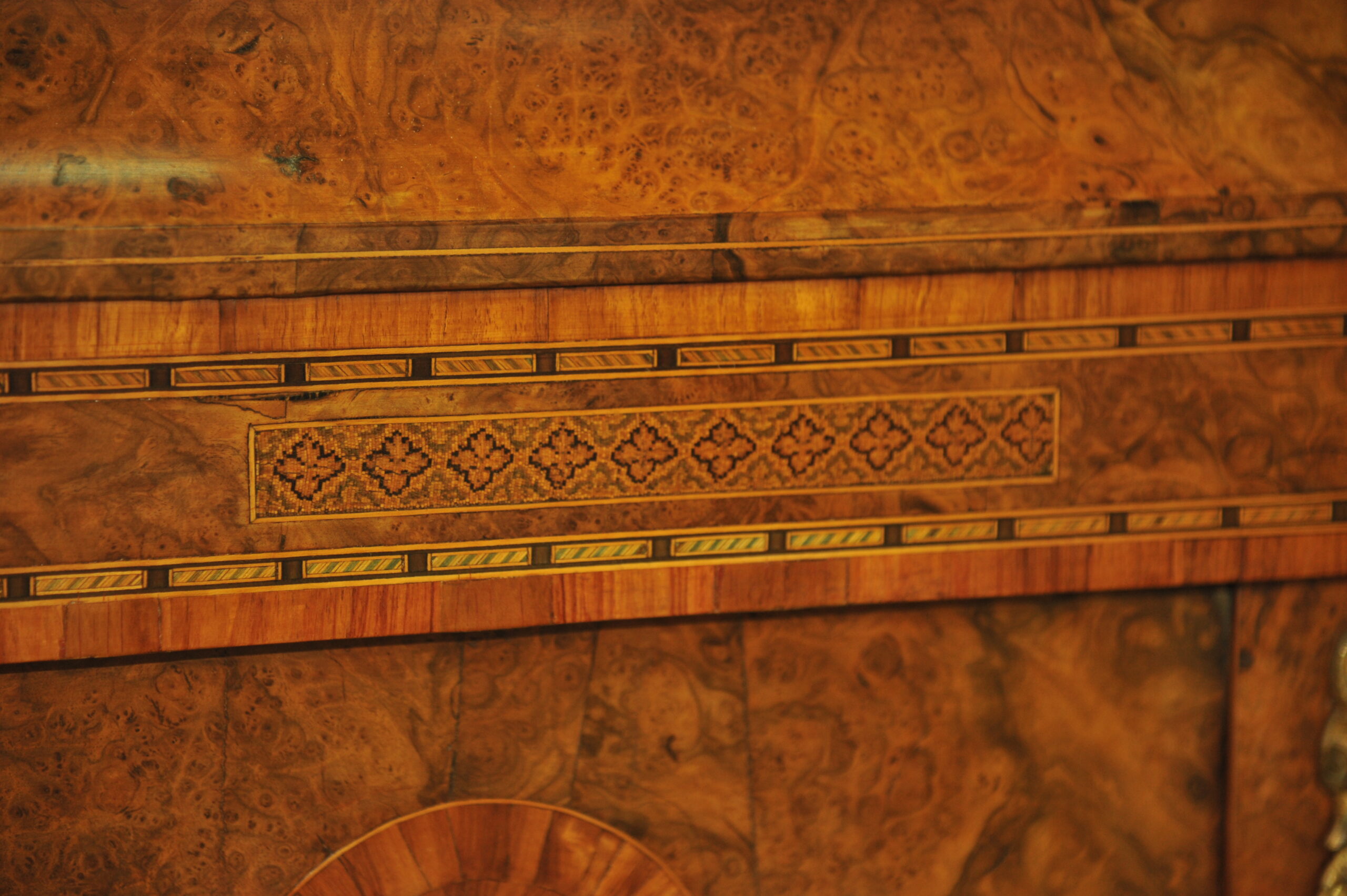 an english antique walnut and tunbridgeware inlaid glazed four door breakfront cabinet