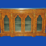 an english antique walnut and tunbridgeware inlaid glazed four door breakfront cabinet