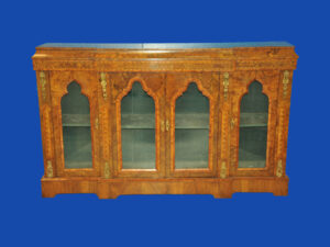 an english antique walnut and tunbridgeware inlaid glazed four door breakfront cabinet