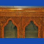 an english antique walnut and tunbridgeware inlaid glazed four door breakfront cabinet