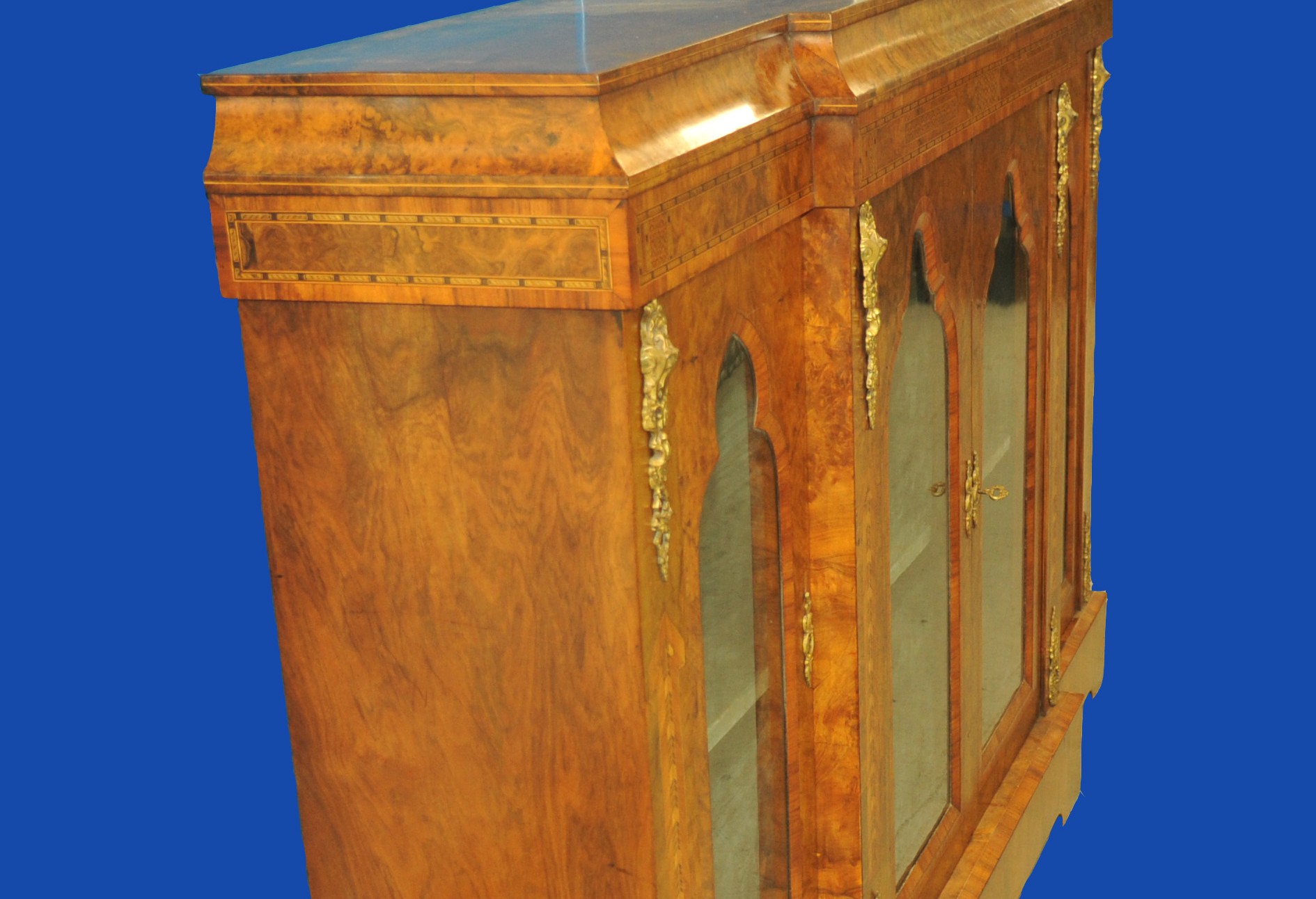 an english antique walnut and tunbridgeware inlaid glazed four door breakfront cabinet