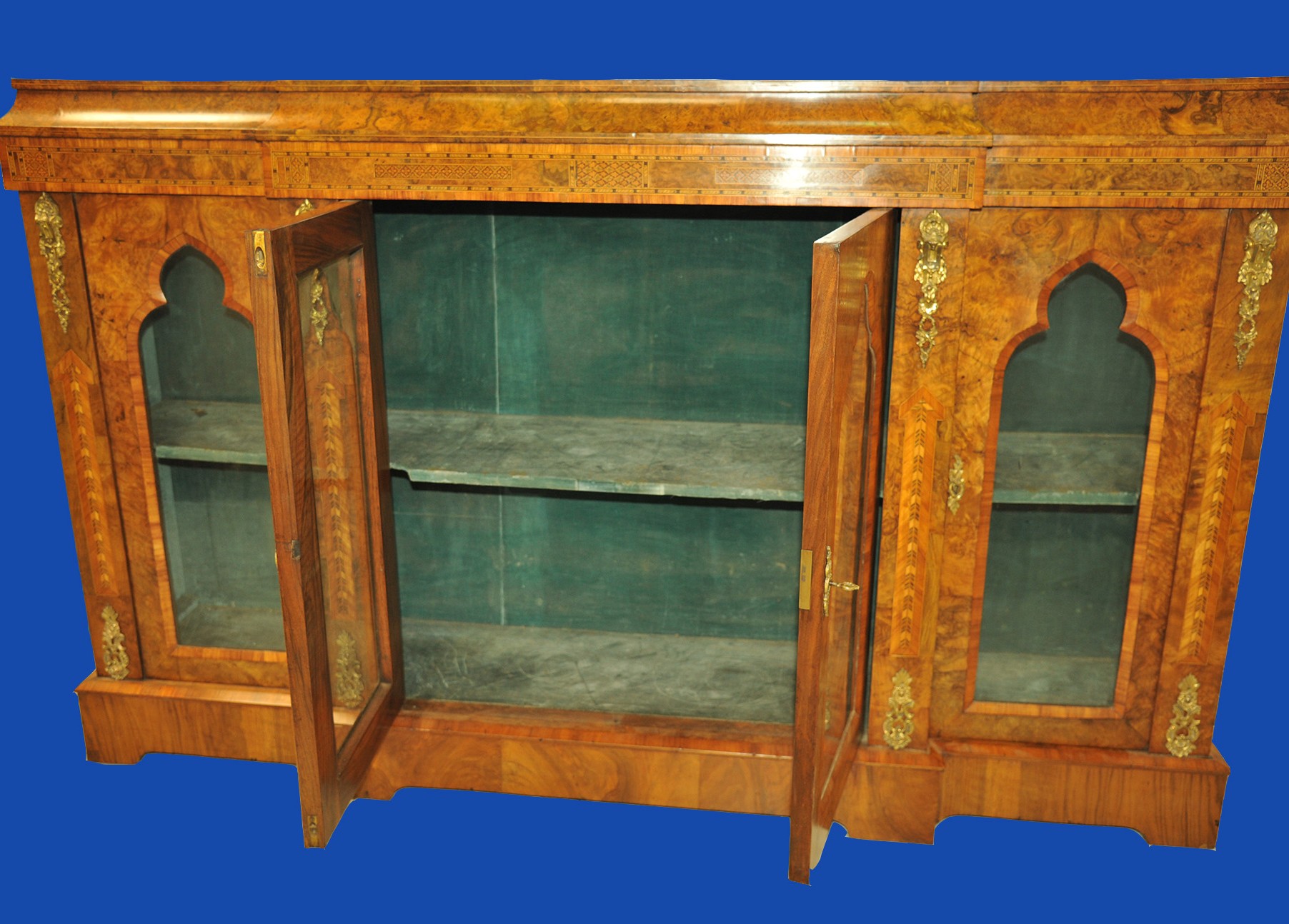 an english antique walnut and tunbridgeware inlaid glazed four door breakfront cabinet