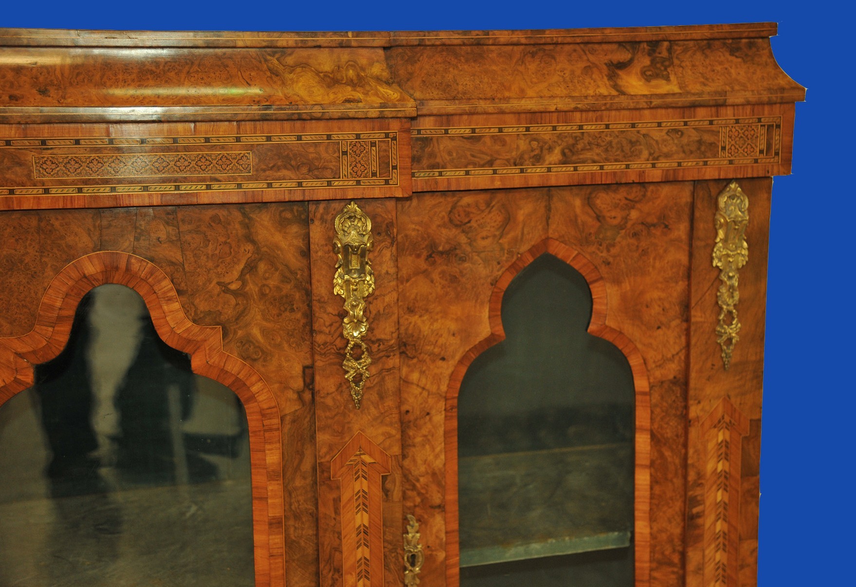 an english antique walnut and tunbridgeware inlaid glazed four door breakfront cabinet