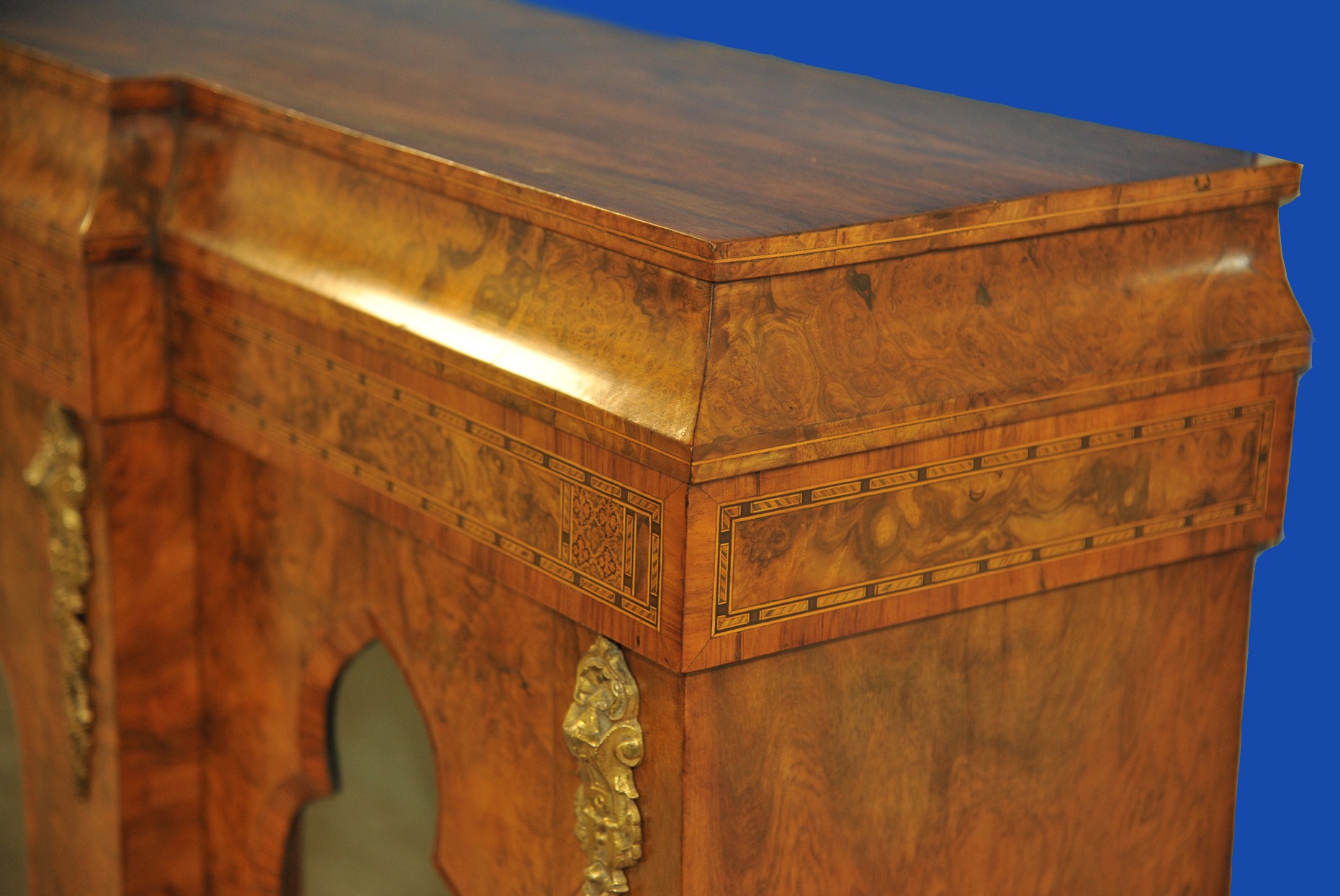 an english antique walnut and tunbridgeware inlaid glazed four door breakfront cabinet