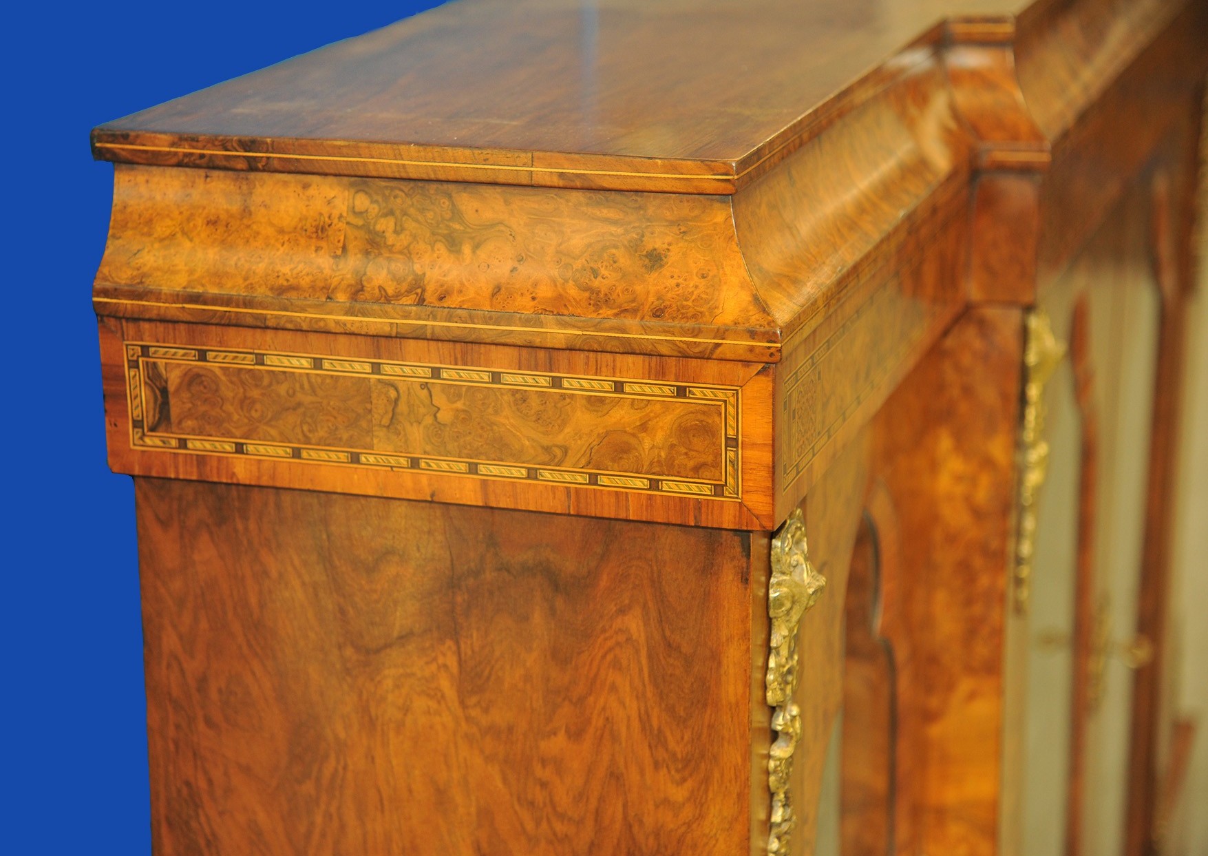an english antique walnut and tunbridgeware inlaid glazed four door breakfront cabinet