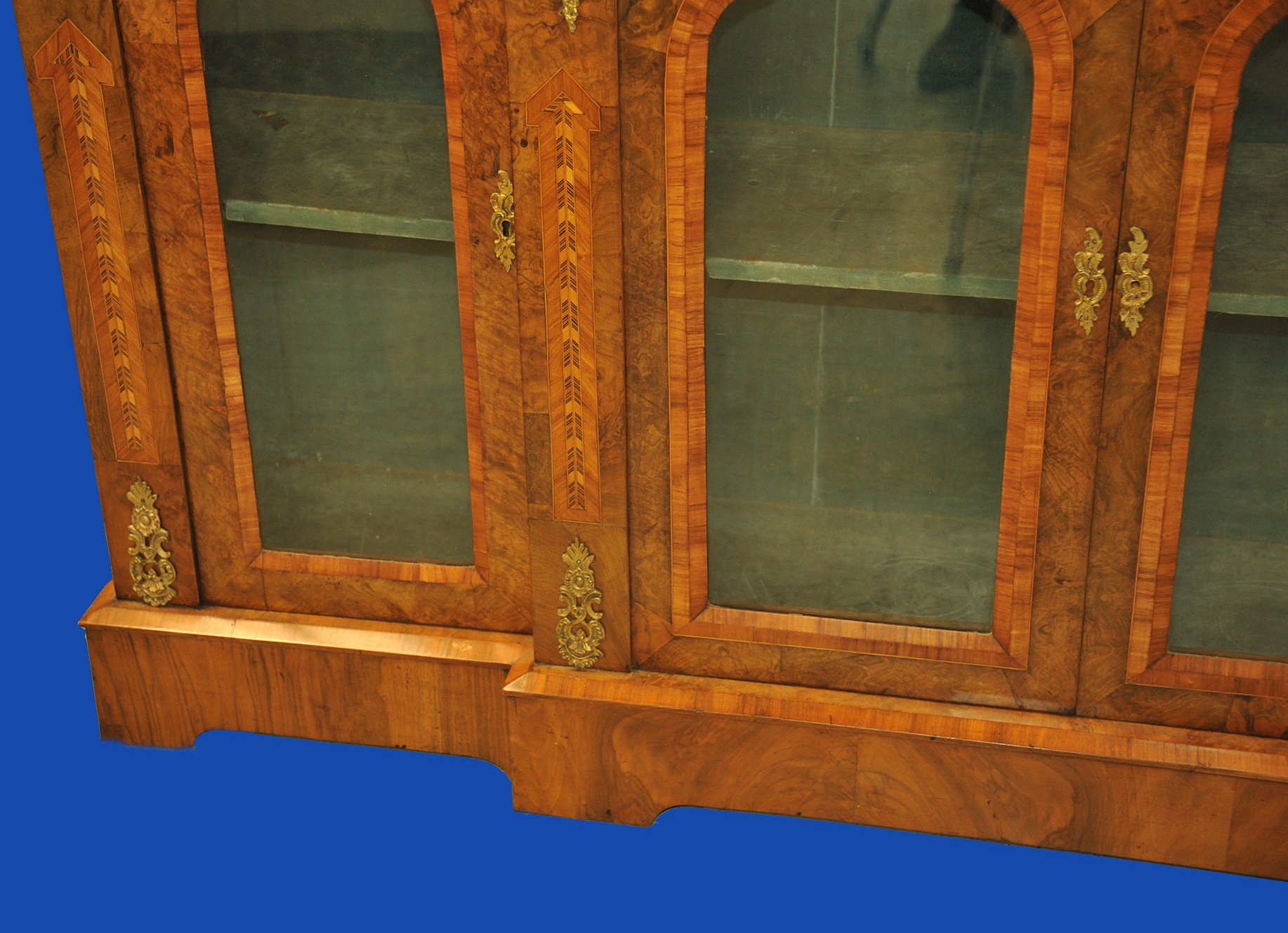 an english antique walnut and tunbridgeware inlaid glazed four door breakfront cabinet