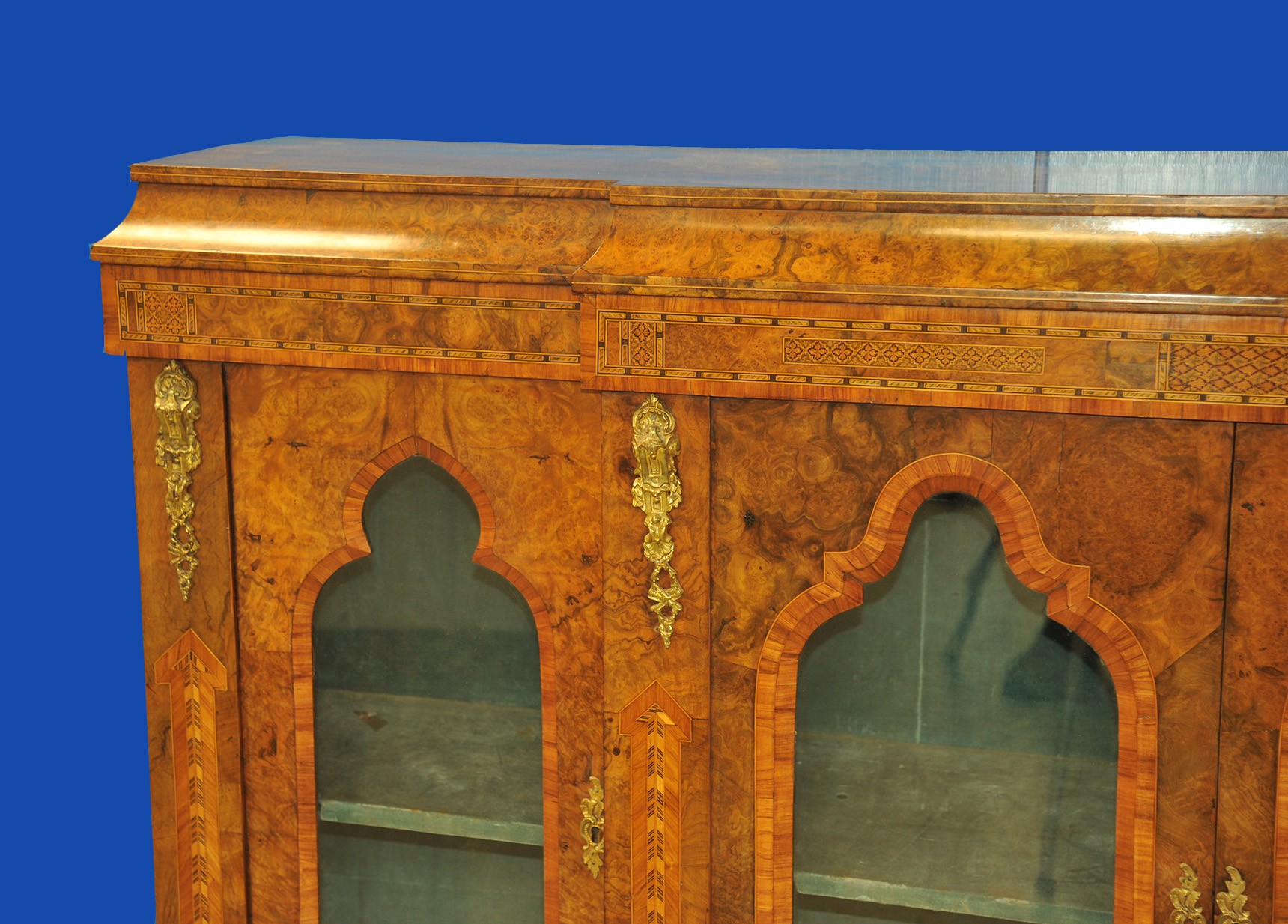 an english antique walnut and tunbridgeware inlaid glazed four door breakfront cabinet
