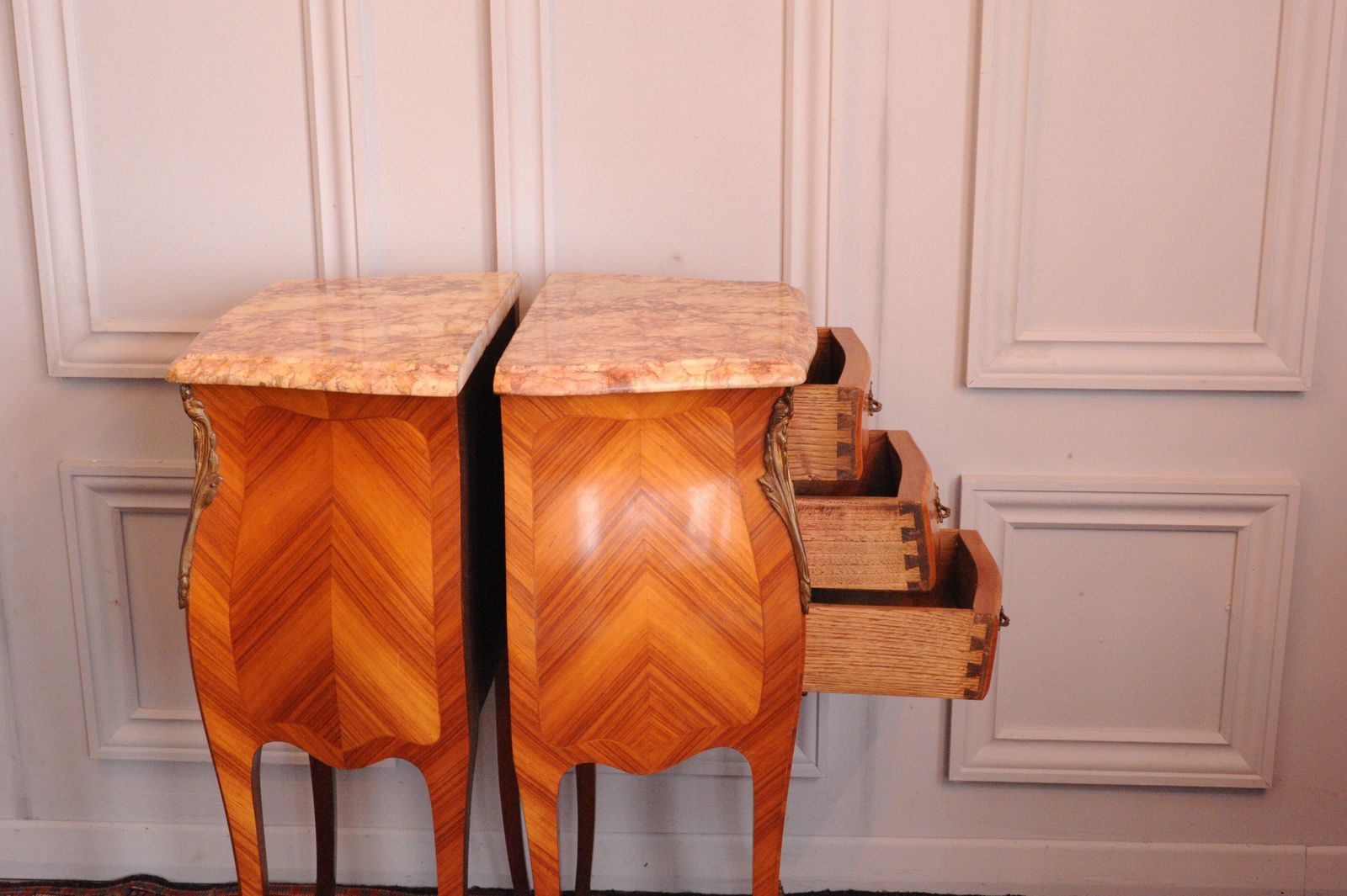 vintage french louis xv style pair bedside cabinets marble top 3 drawer chests
