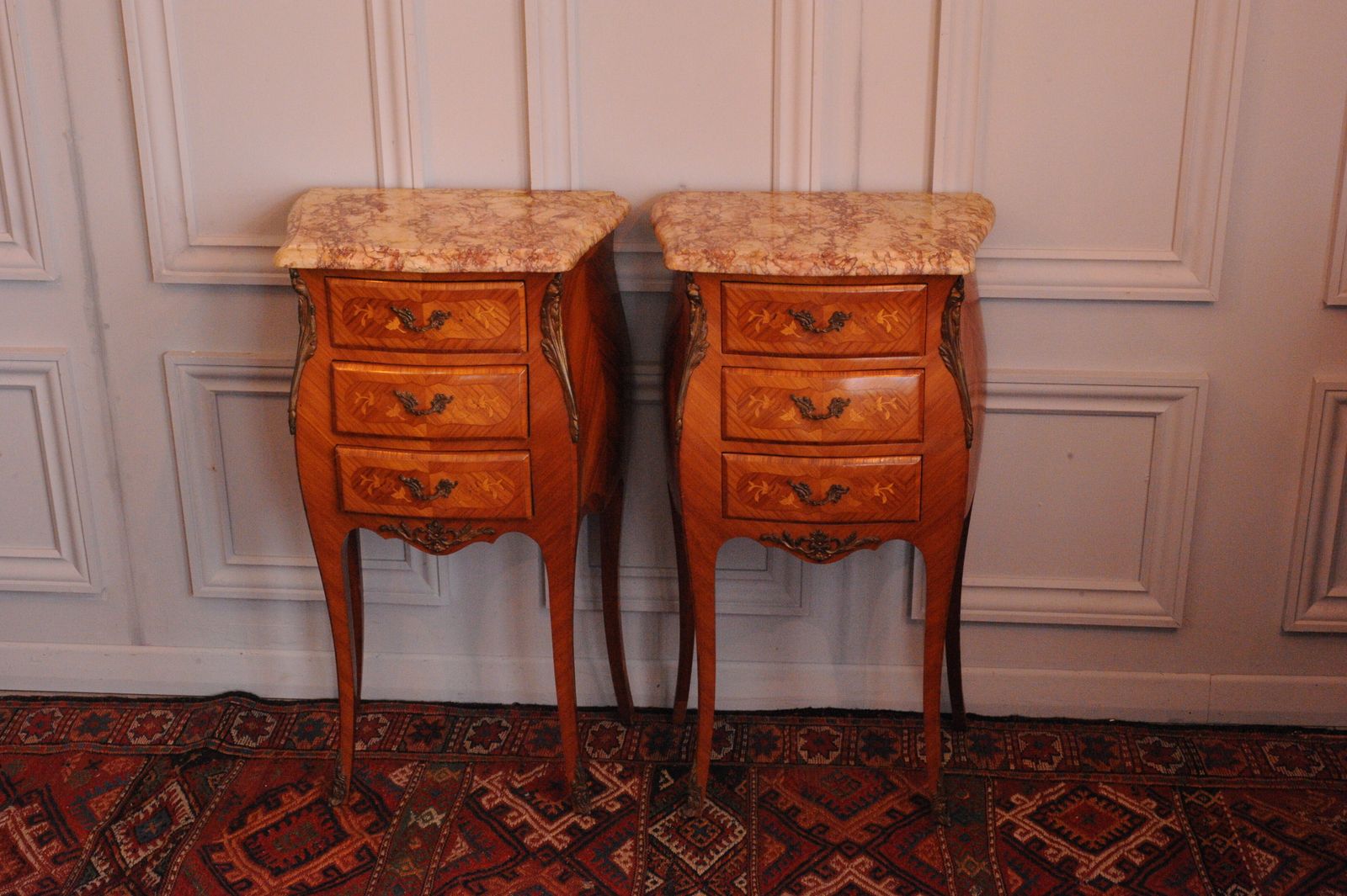 vintage french louis xv style pair bedside cabinets marble top 3 drawer chests