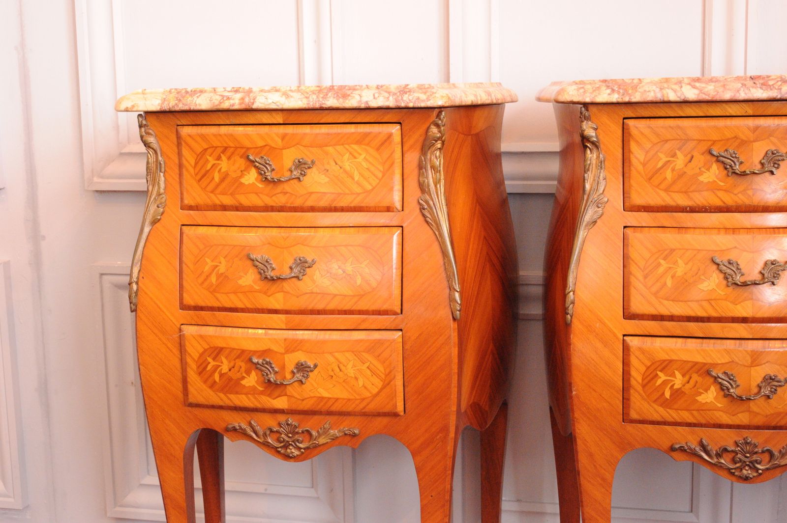 vintage french louis xv style pair bedside cabinets marble top 3 drawer chests