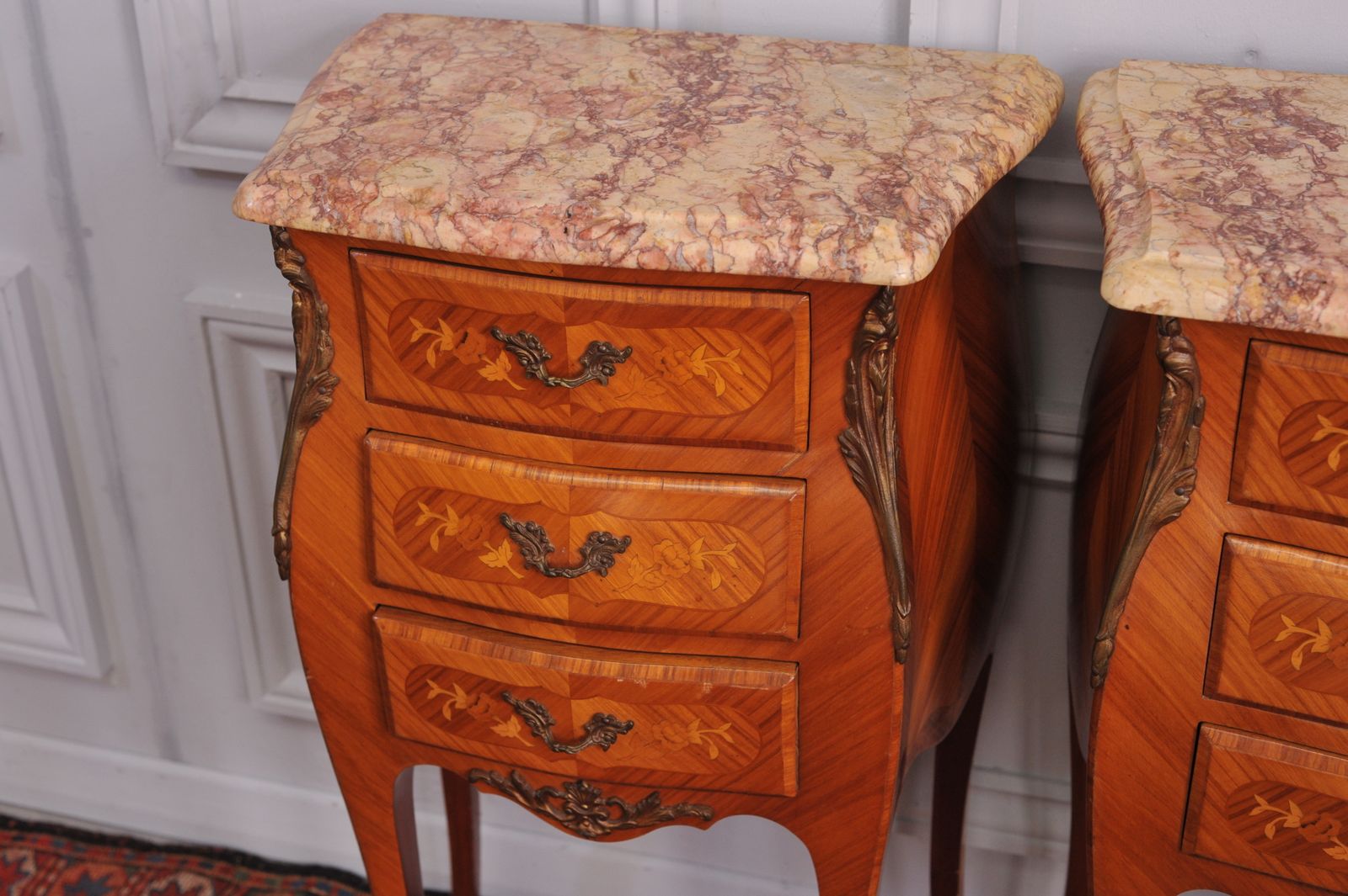 vintage french louis xv style pair bedside cabinets marble top 3 drawer chests
