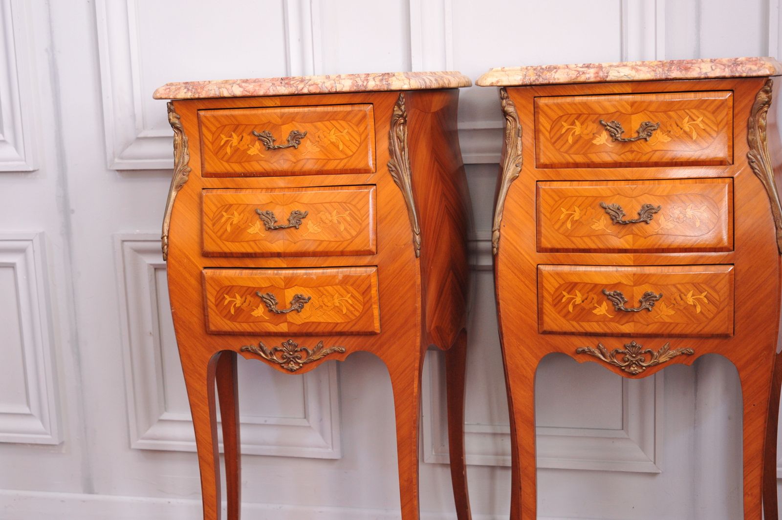 vintage french louis xv style pair bedside cabinets marble top 3 drawer chests