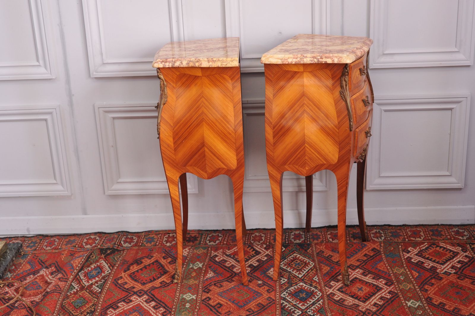 side on view of bedsides showcasing veneered wood