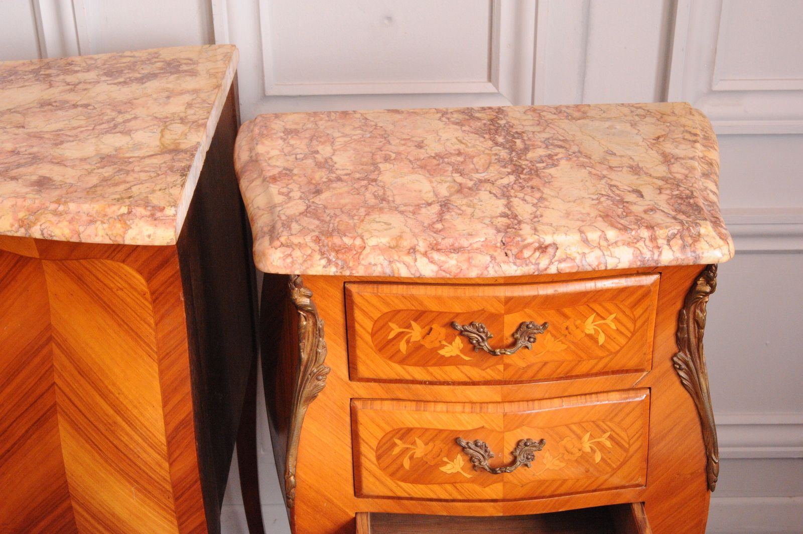 Close up of cream and red marble tops